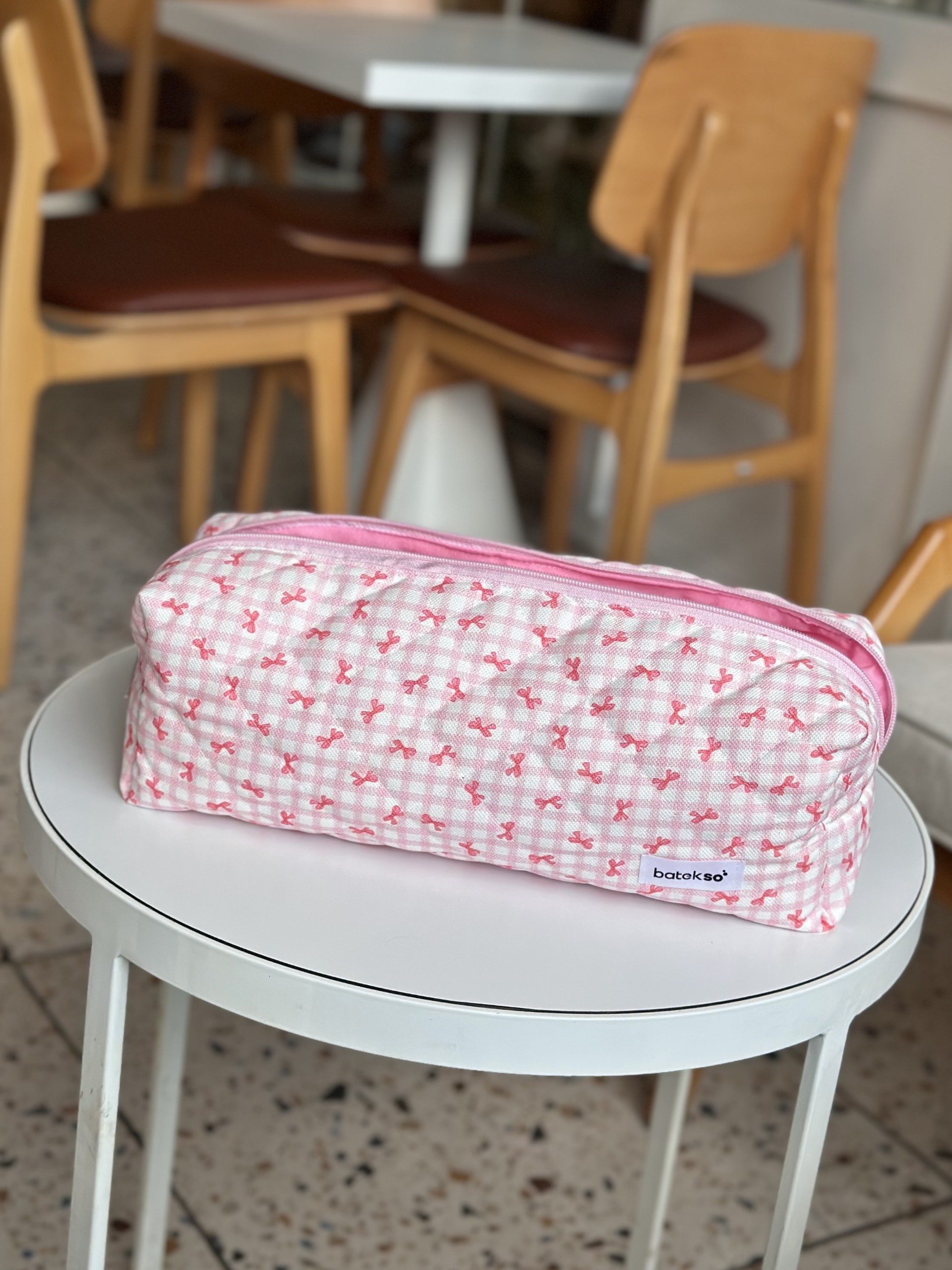 Pembe Pötikare Kurdele Desenli Saç Şekillendiricileri İçin Seyahat Çantası - XL Boy