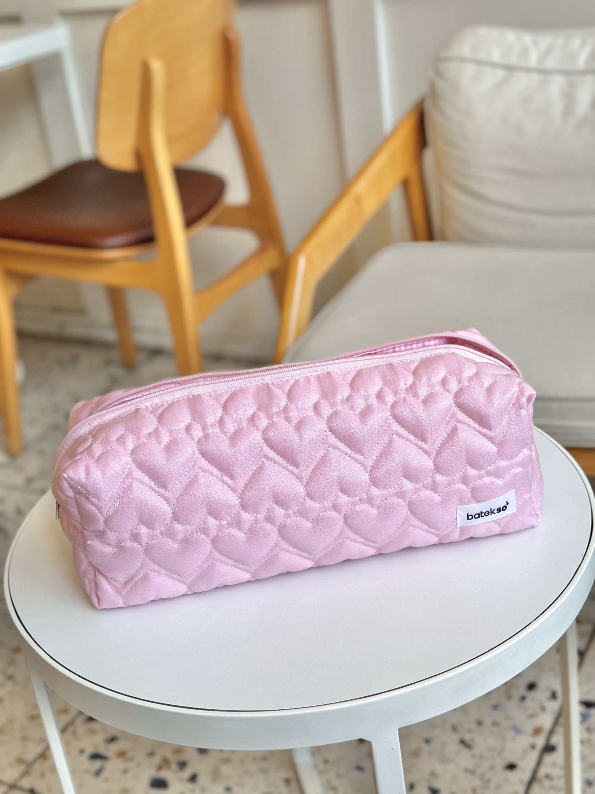 Şeker Pembe Kalp Desenli Saç Şekillendiricileri İçin Seyahat Çantası - XL Boy