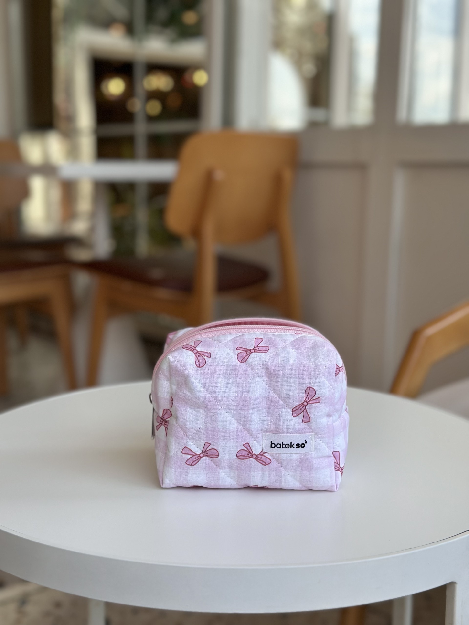  Pembe Pötikare Kurdele  Desenli Makyaj Çantası - Küçük Boy