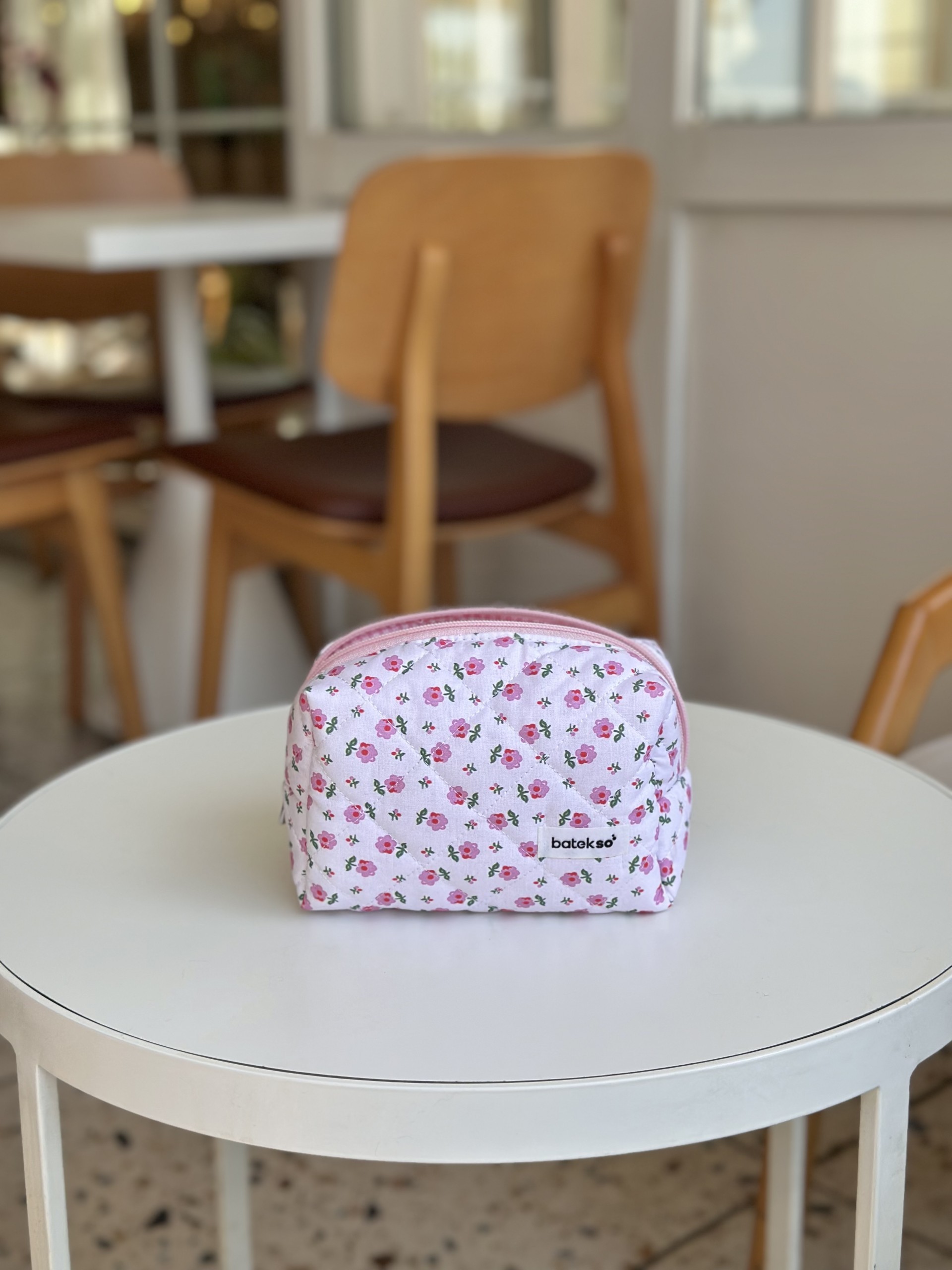Minik Pembe Çiçek Desenli Makyaj Çantası - Orta Boy