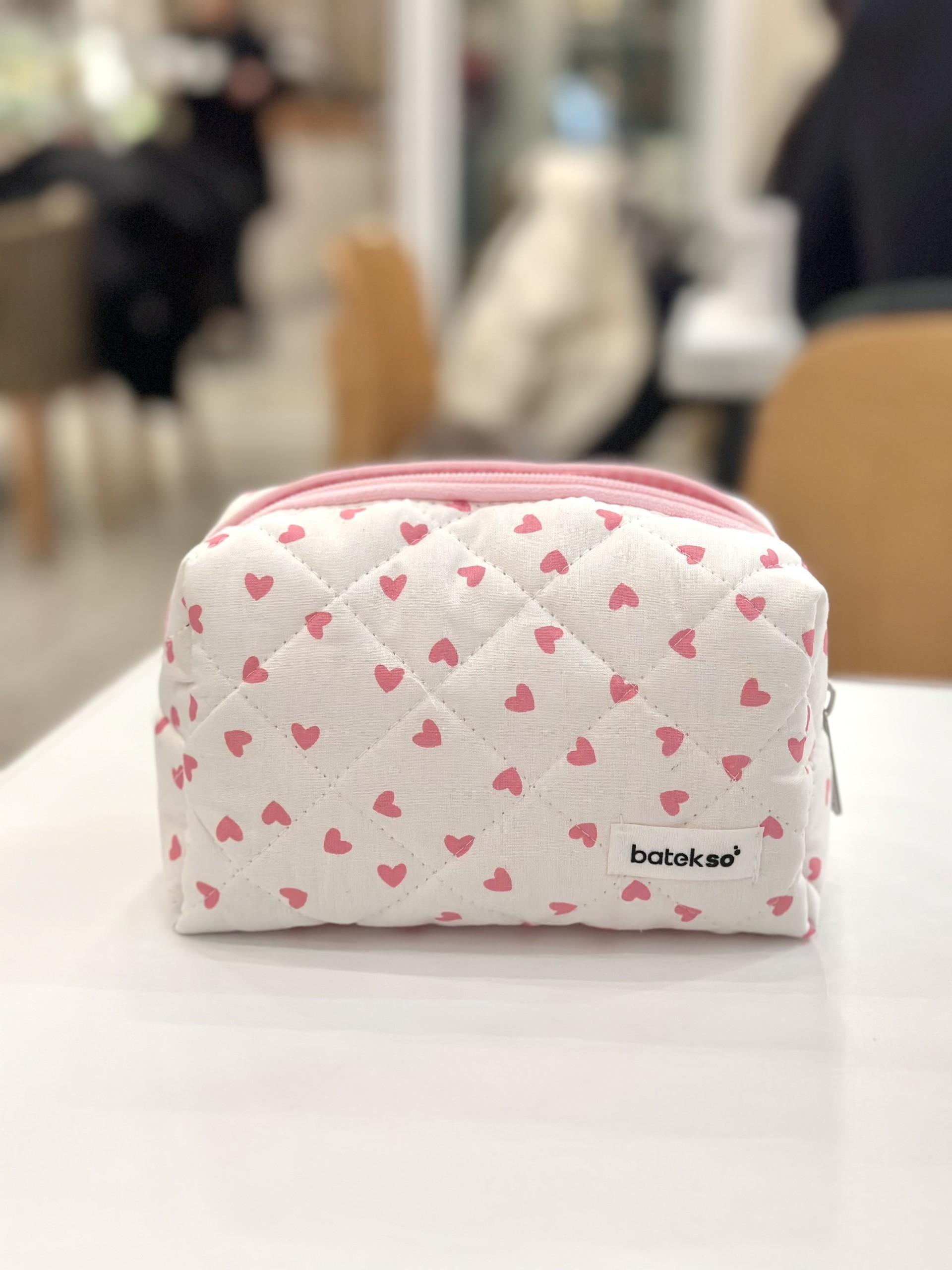 Pembe Kalp Desenli Makyaj Çantası - Orta Boy