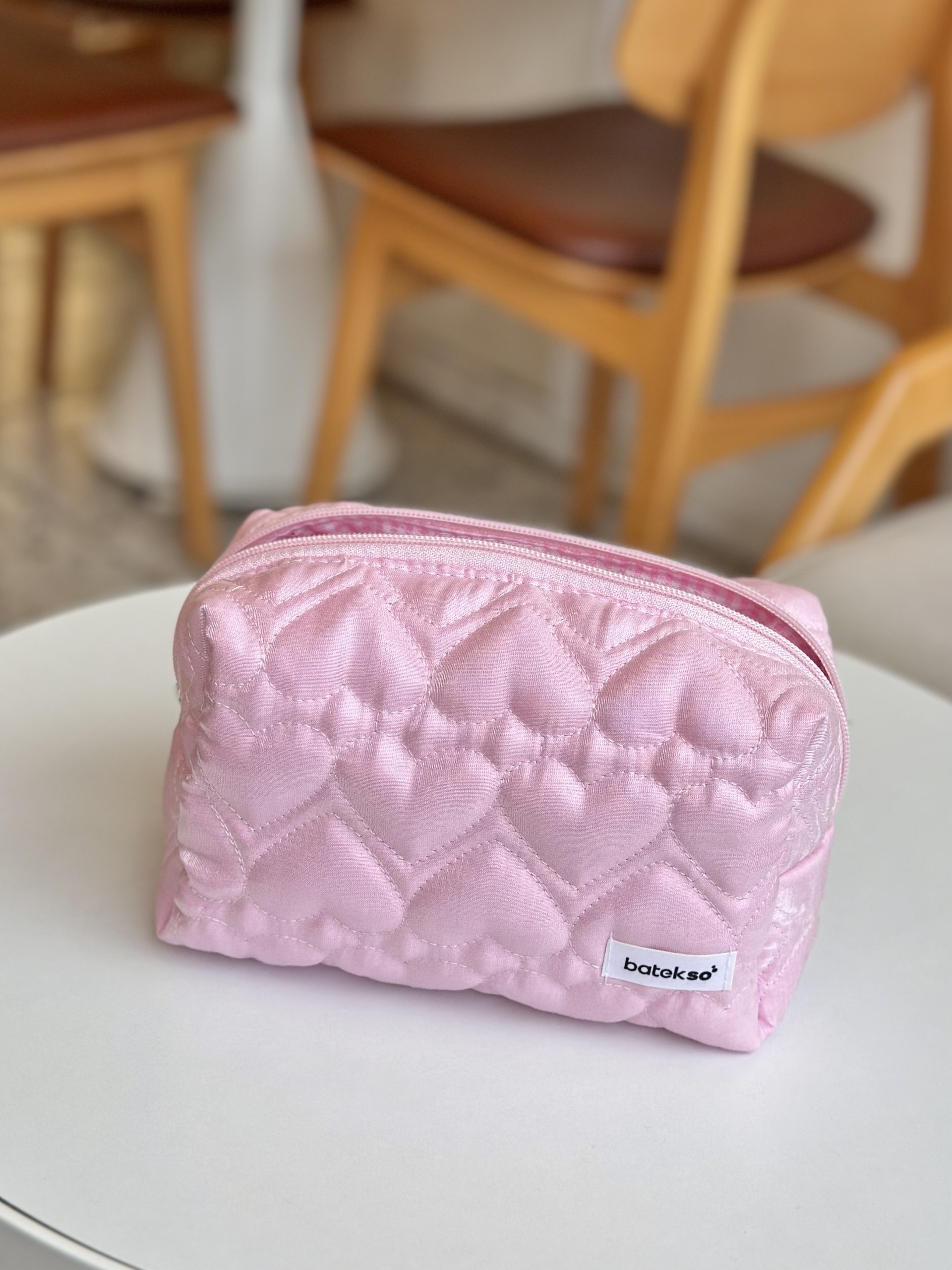 Şeker Pembe Kalp Desenli Makyaj Çantası - Büyük Boy