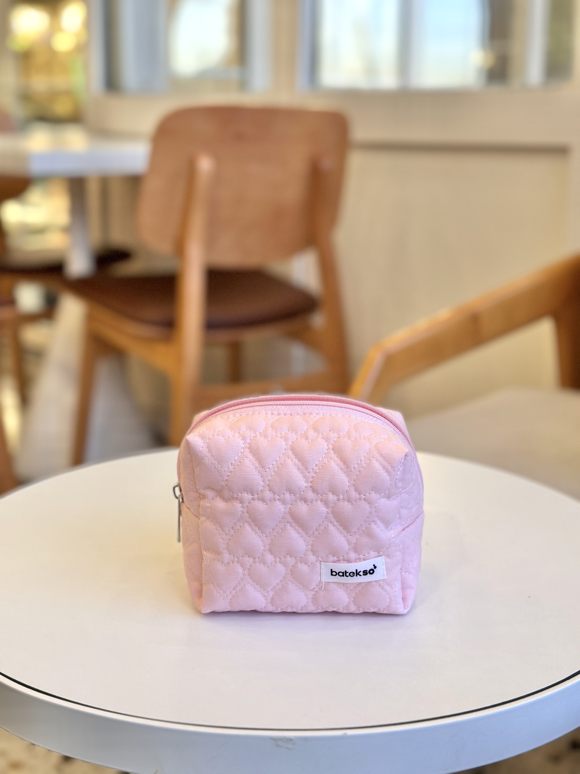 Soft Pembe Kalp İşlemeli Makyaj Çantası - Küçük Boy