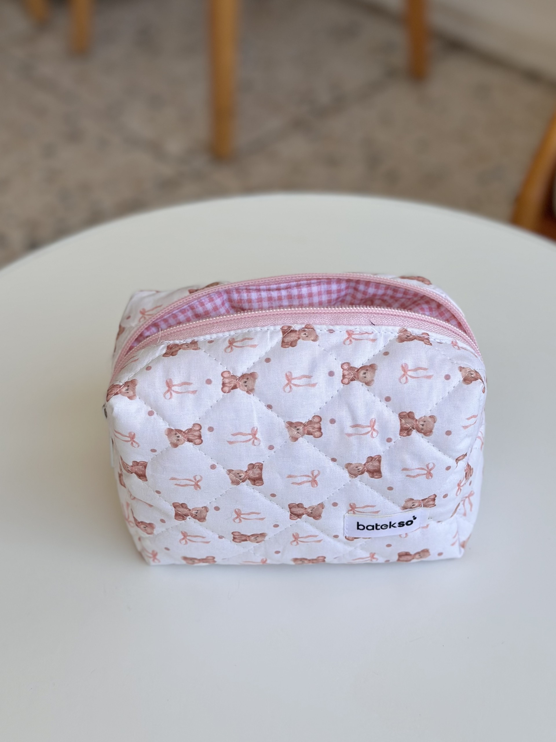 Pembe Ayıcık Desenli Makyaj Çantası - Orta Boy