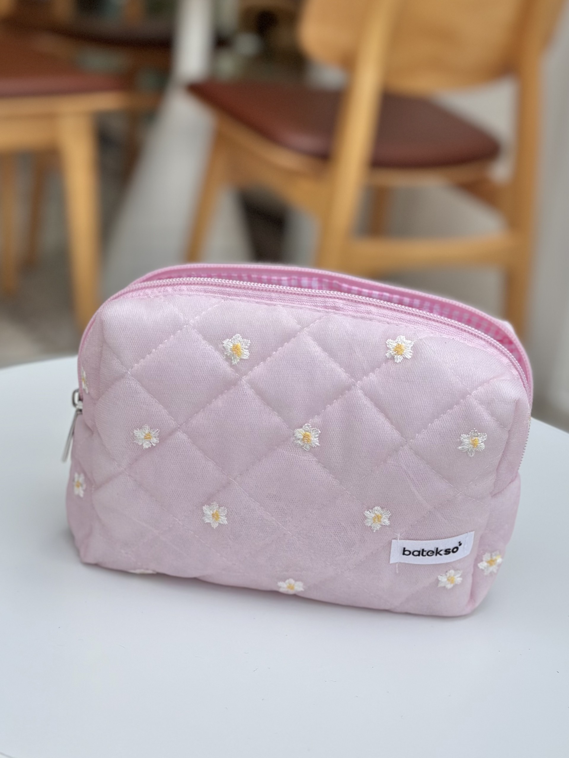 İşlemeli Pembe Papatya  Makyaj Çantası - Büyük Boy