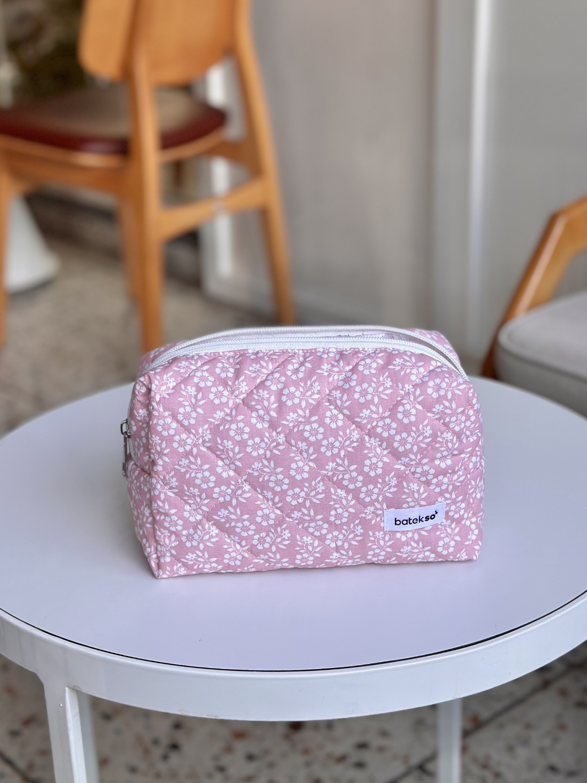 Toz Pembe Çiçek Desenli Makyaj Çantası - Büyük Boy