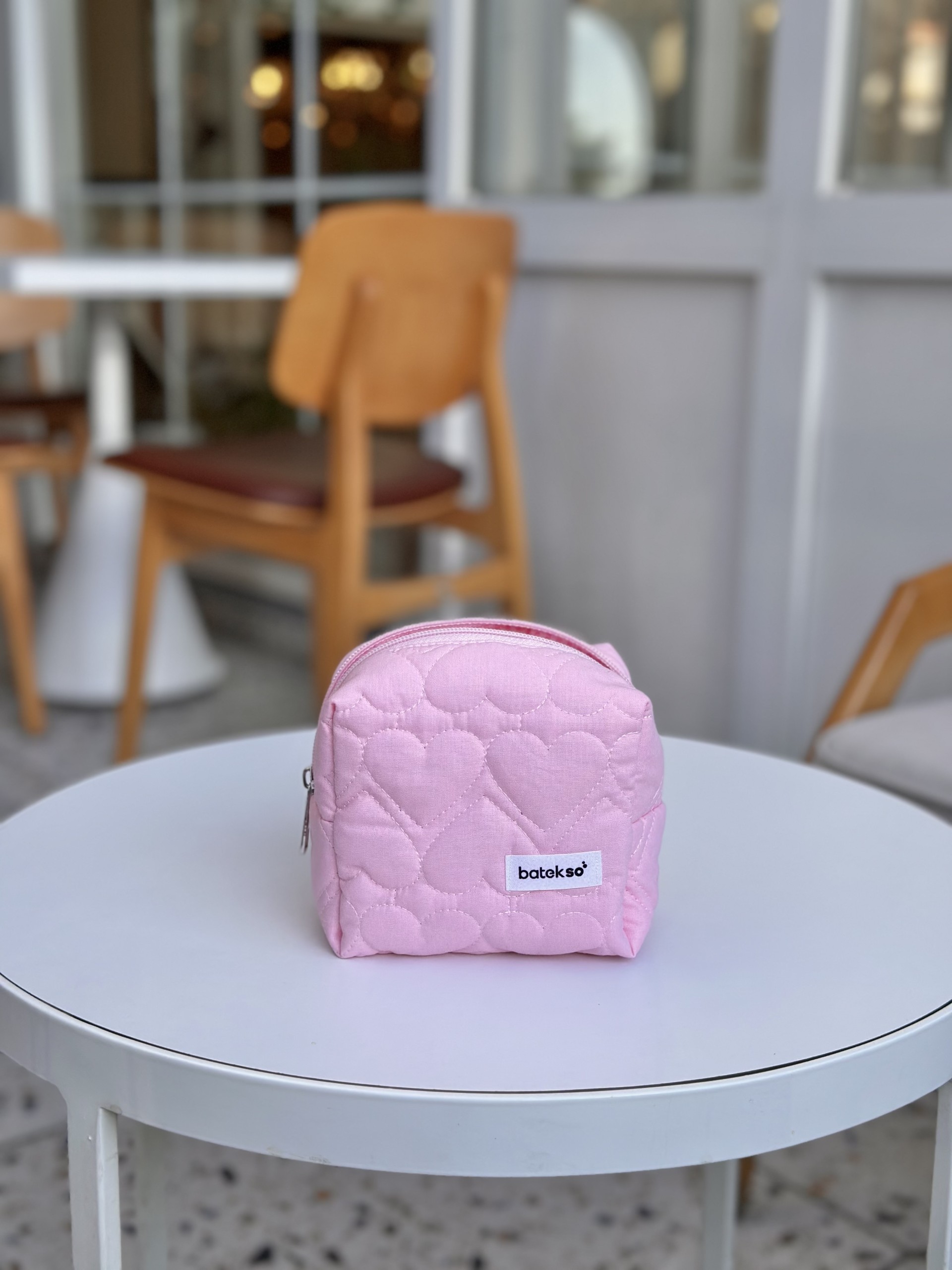 Şeker Pembe Kalp Desenli Makyaj Çantası - Küçük Boy
