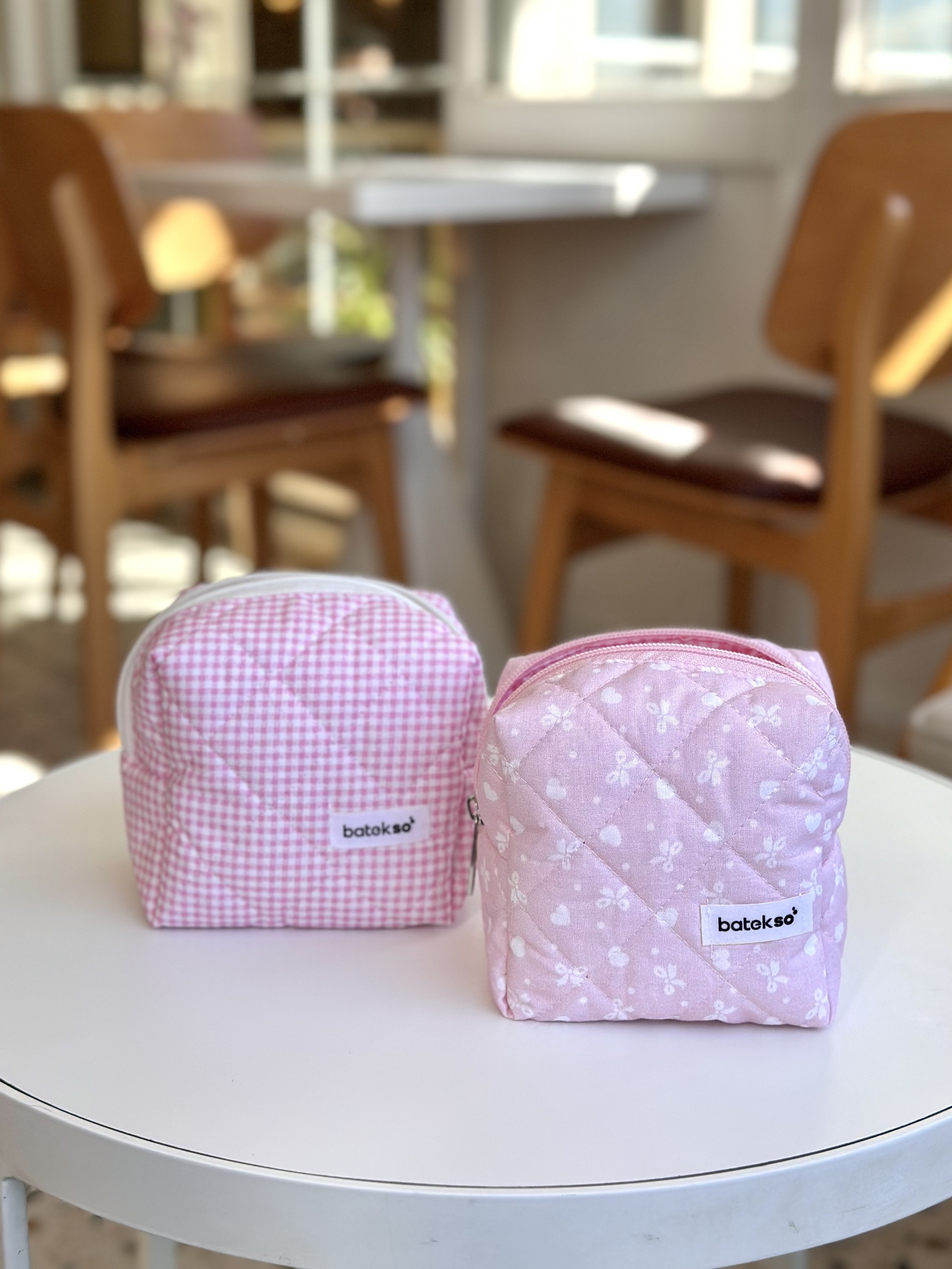 2'li Pembe Kurdele Ve Pembe Kare Desenli Makyaj Çantası - Küçük Boy