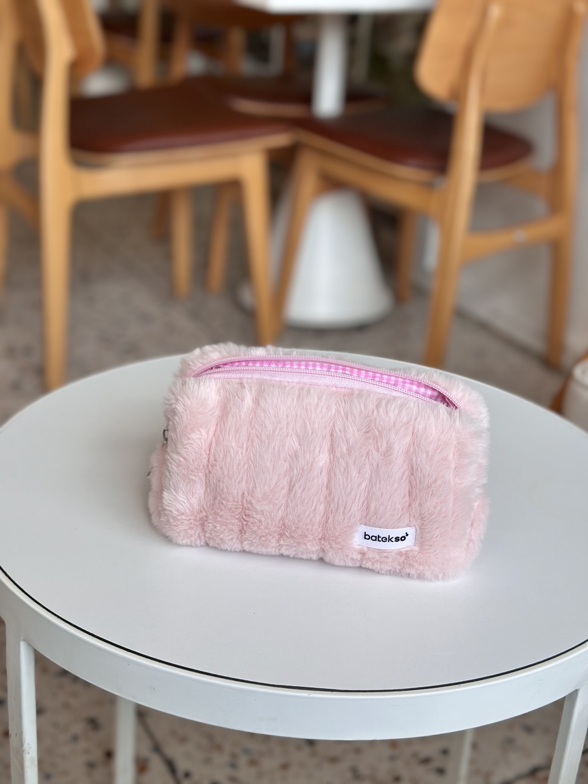 Pudra Peluş Çizgili Kalem Çantası