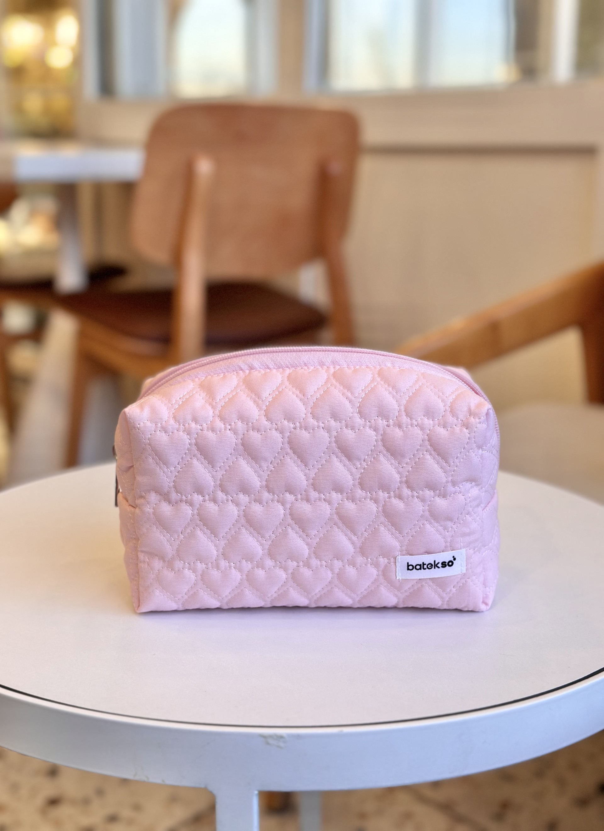 Soft Pembe Kalp İşlemeli Makyaj Çantası - Büyük Boy