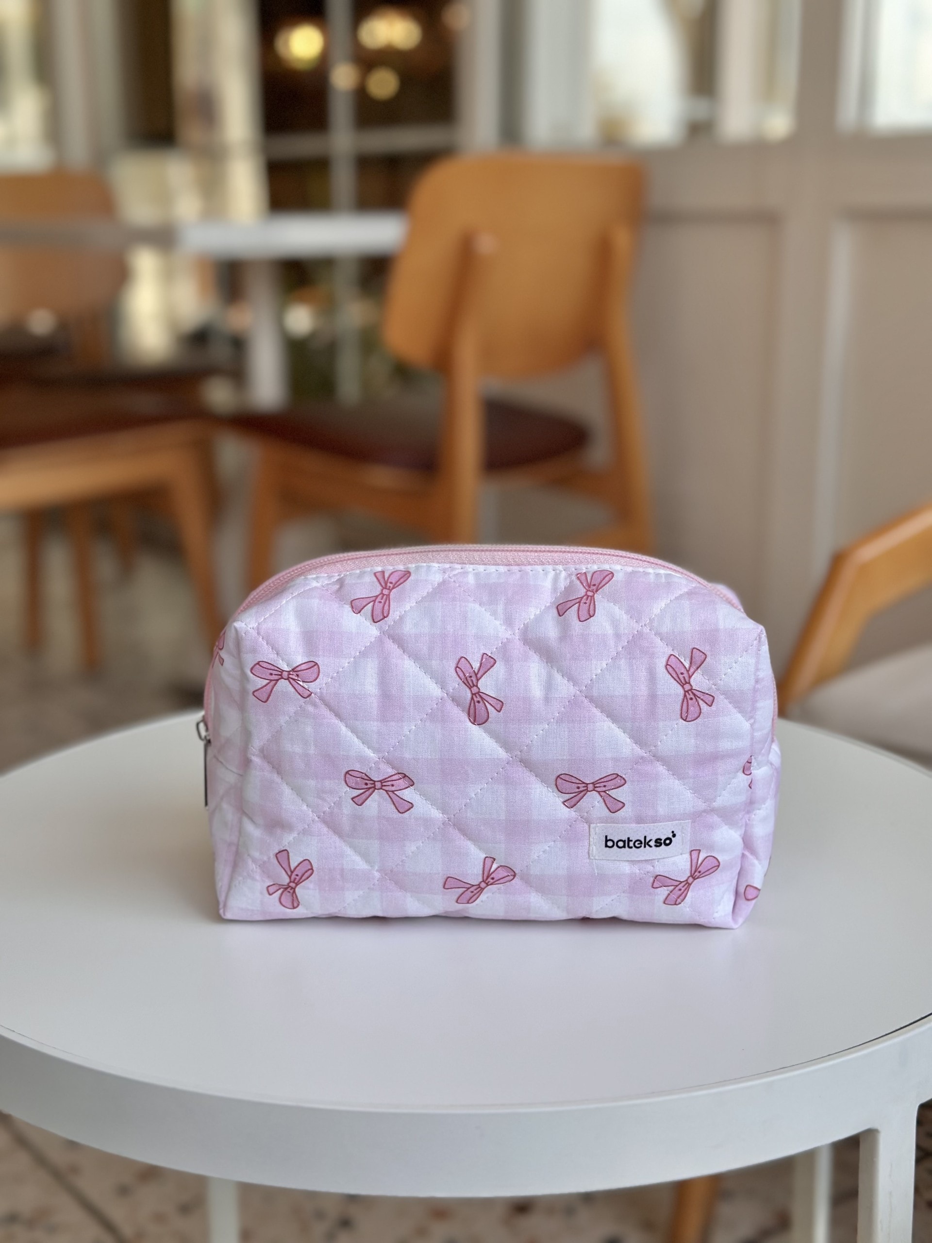 Pembe Pötikare Kurdele Desenli Makyaj Çantası - Büyük Boy