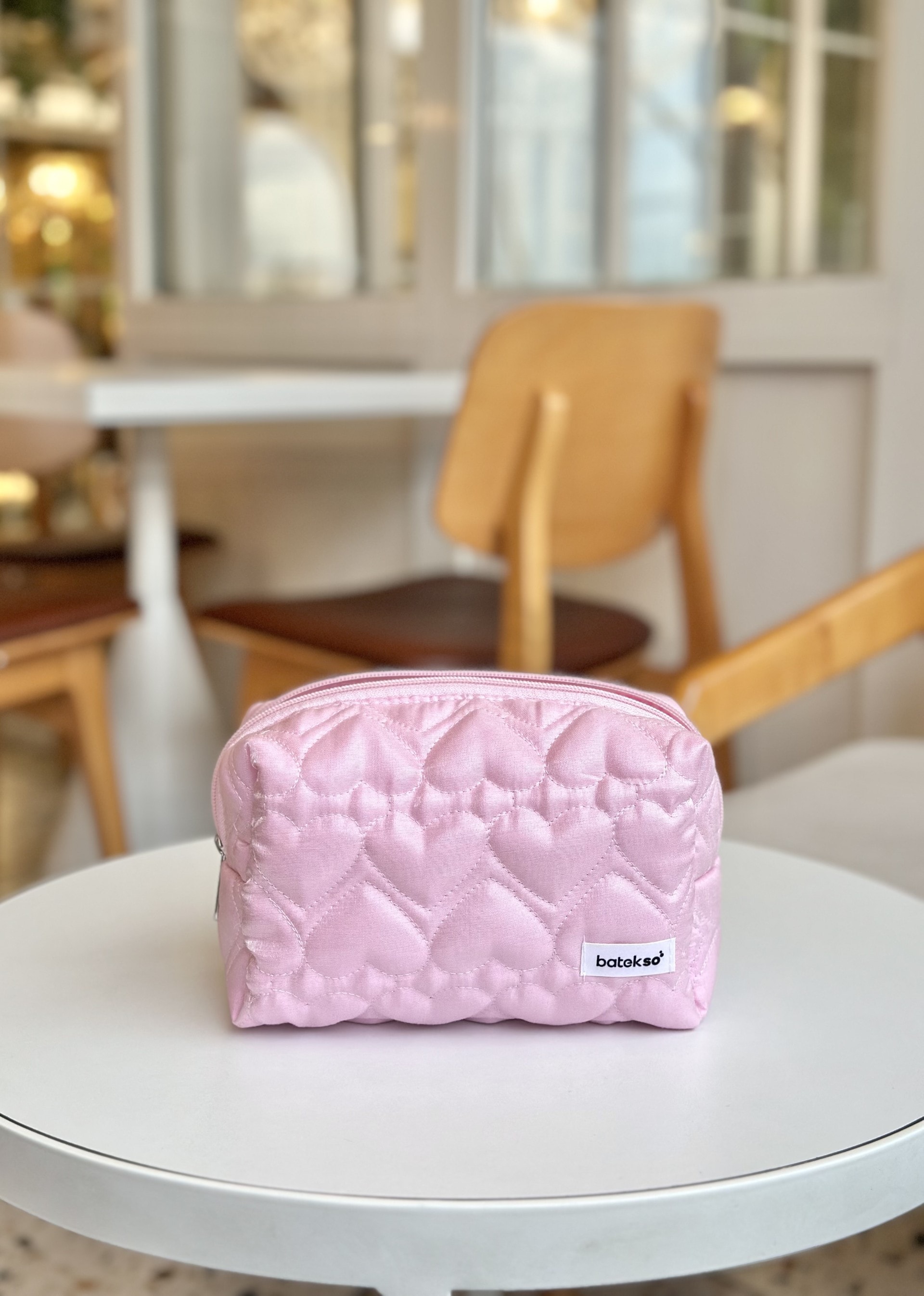Şeker Pembe Kalp Desenli Makyaj Çantası - Büyük Boy