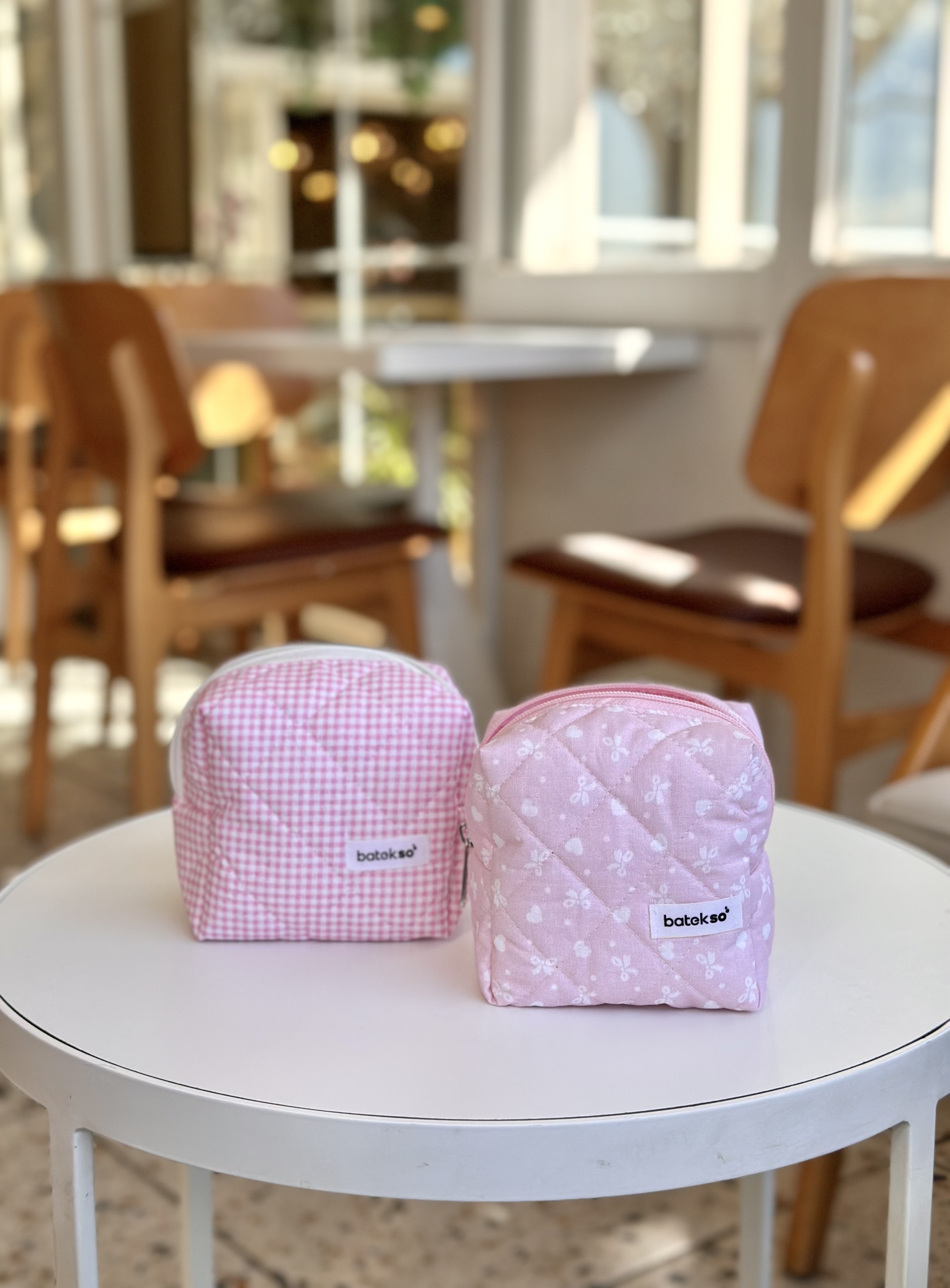 2'li Pembe Kurdele Ve Pembe Kare Desenli Makyaj Çantası - Küçük Boy