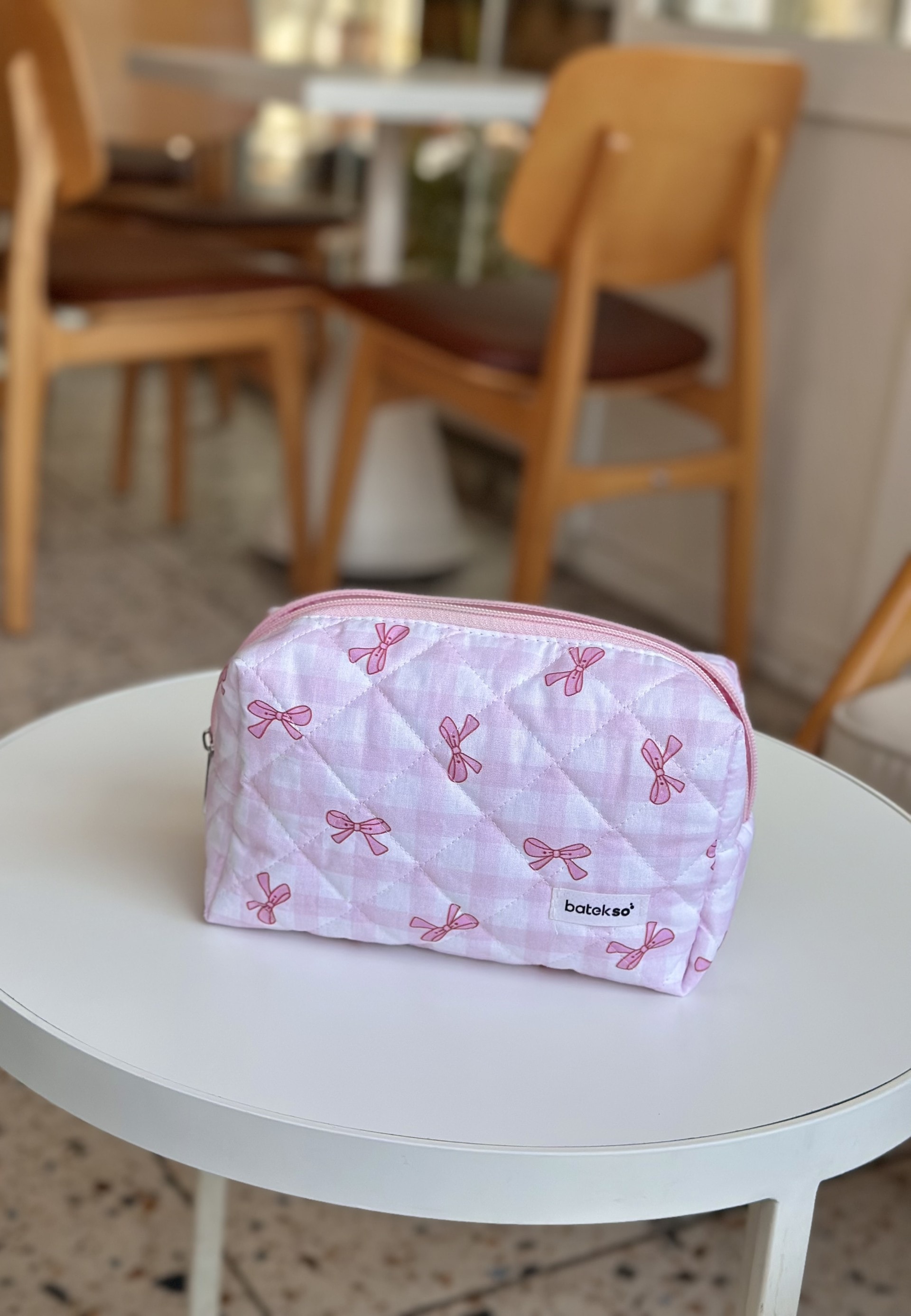 Pembe Pötikare Kurdele Desenli Makyaj Çantası - Büyük Boy