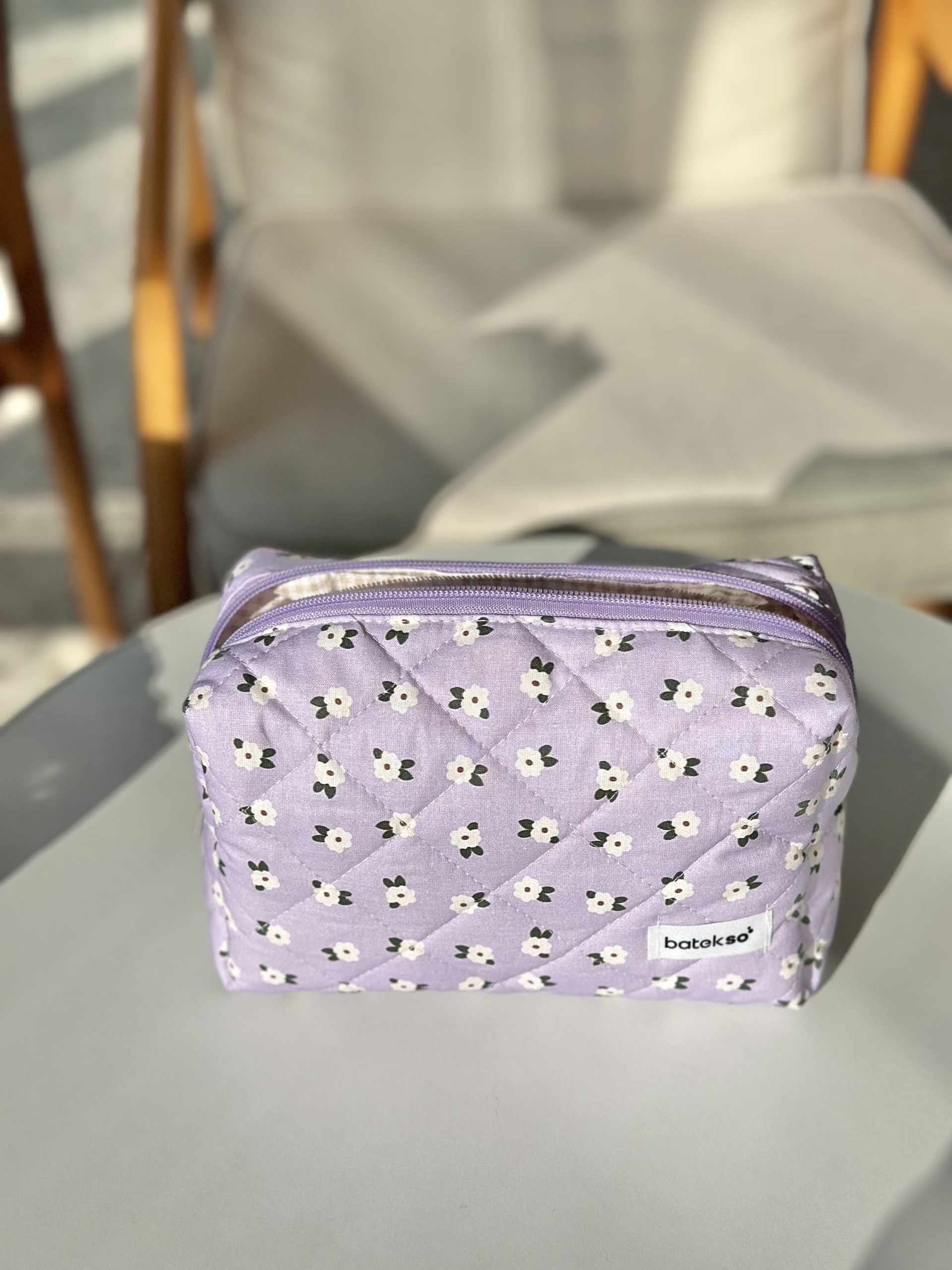 Lila Çiçek Desenli Makyaj Çantası - Büyük Boy