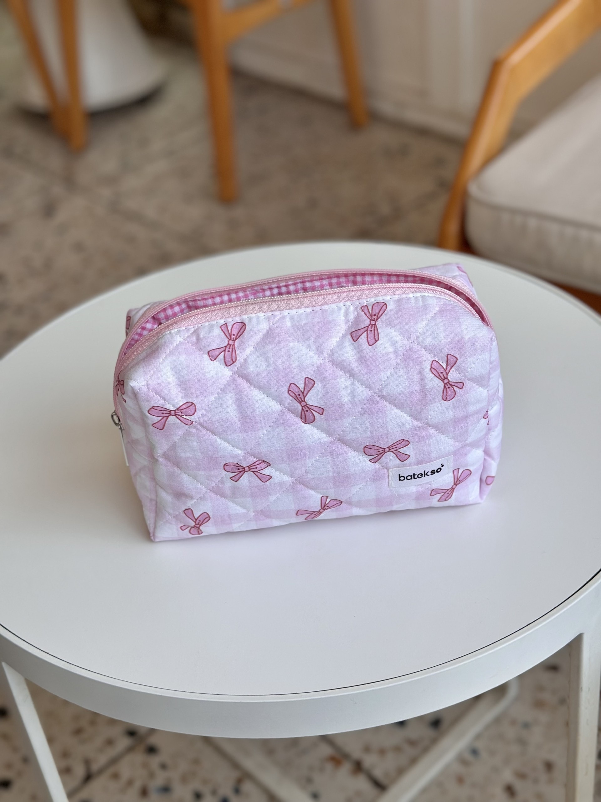 Pembe Pötikare Kurdele Desenli Makyaj Çantası - Büyük Boy