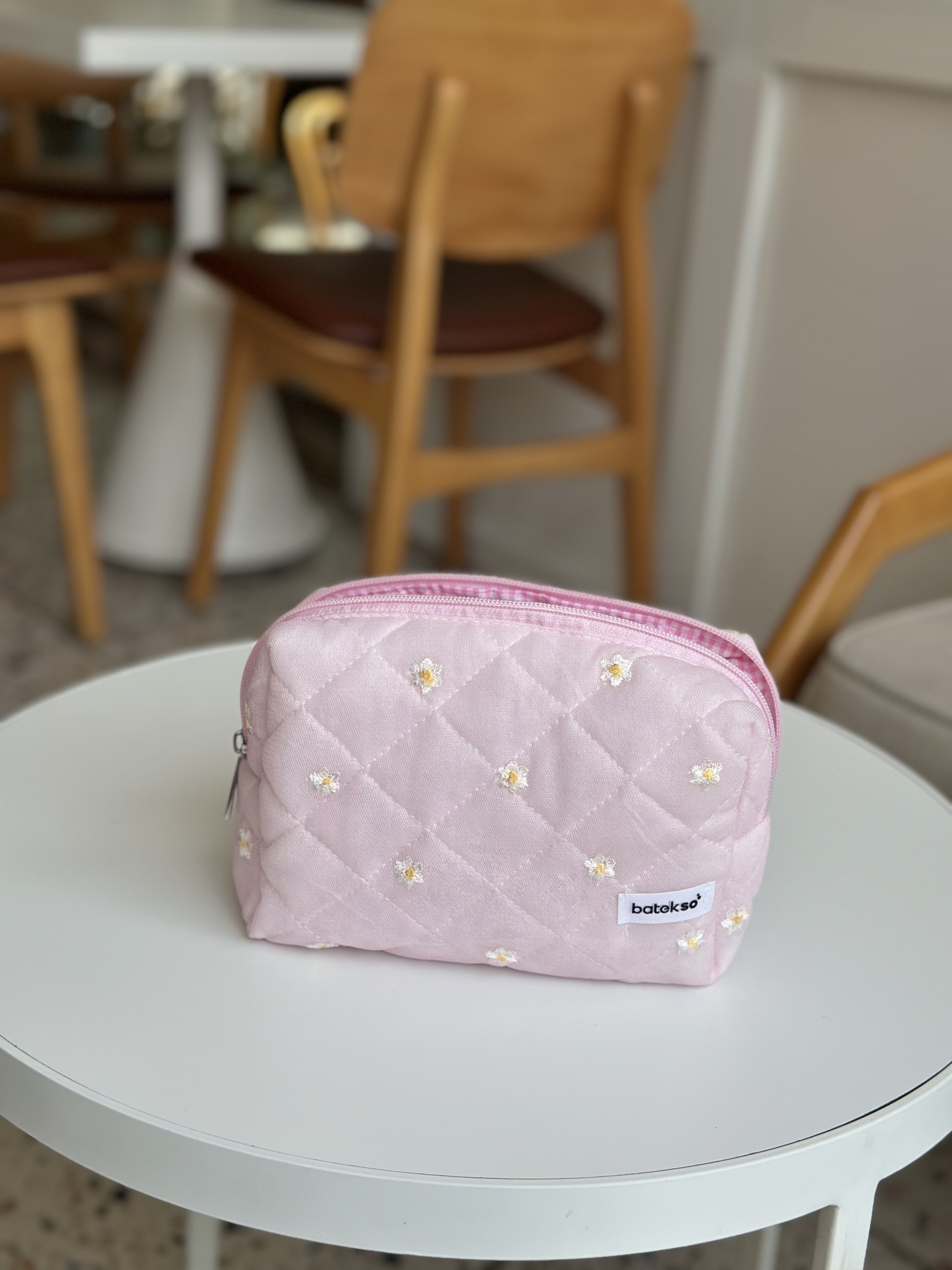 İşlemeli Pembe Papatya  Makyaj Çantası - Büyük Boy