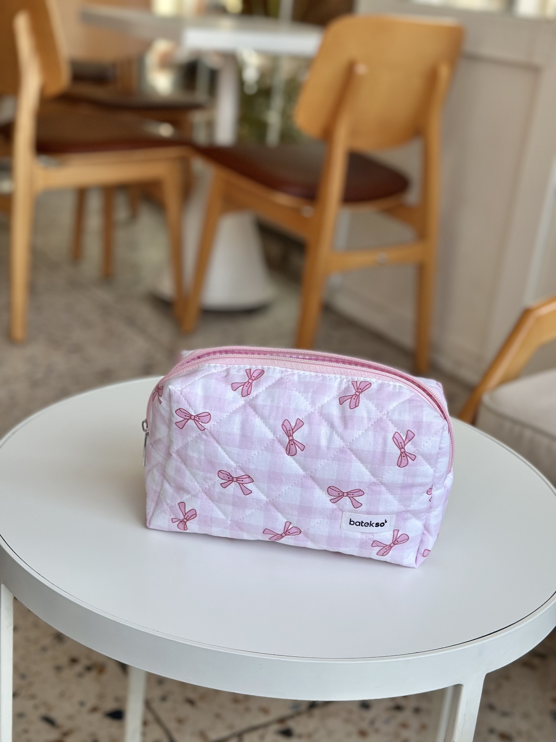 Pembe Pötikare Kurdele Desenli Makyaj Çantası - Büyük Boy