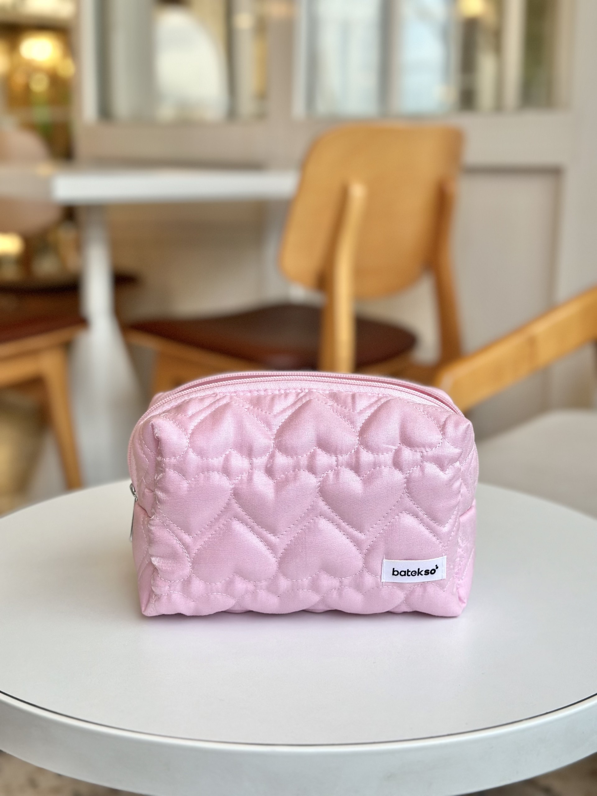 Şeker Pembe Kalp Desenli Makyaj Çantası - Büyük Boy