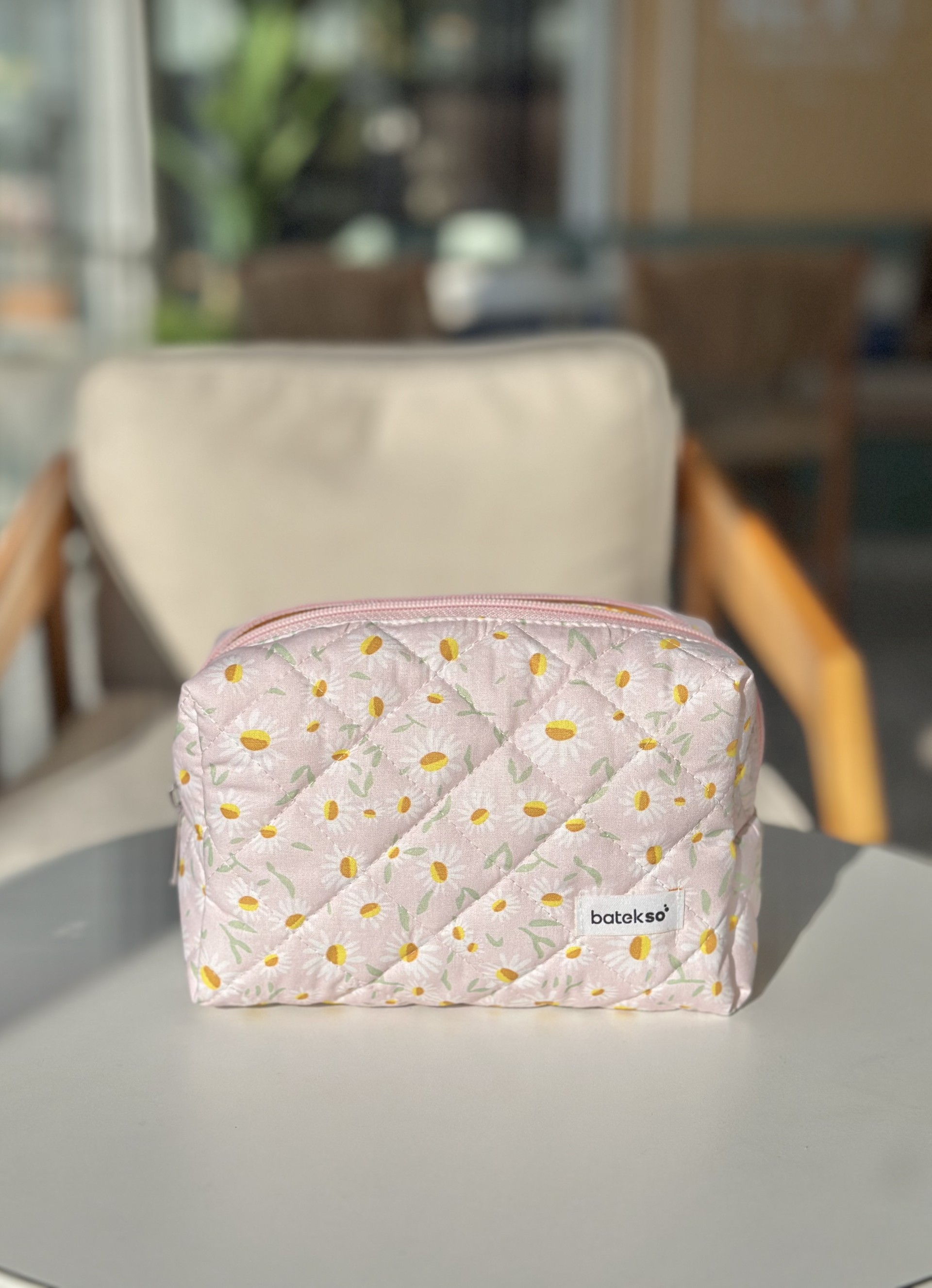 Toz Pembe Beyaz Papatya Desenli Makyaj Çantası - Büyük Boy