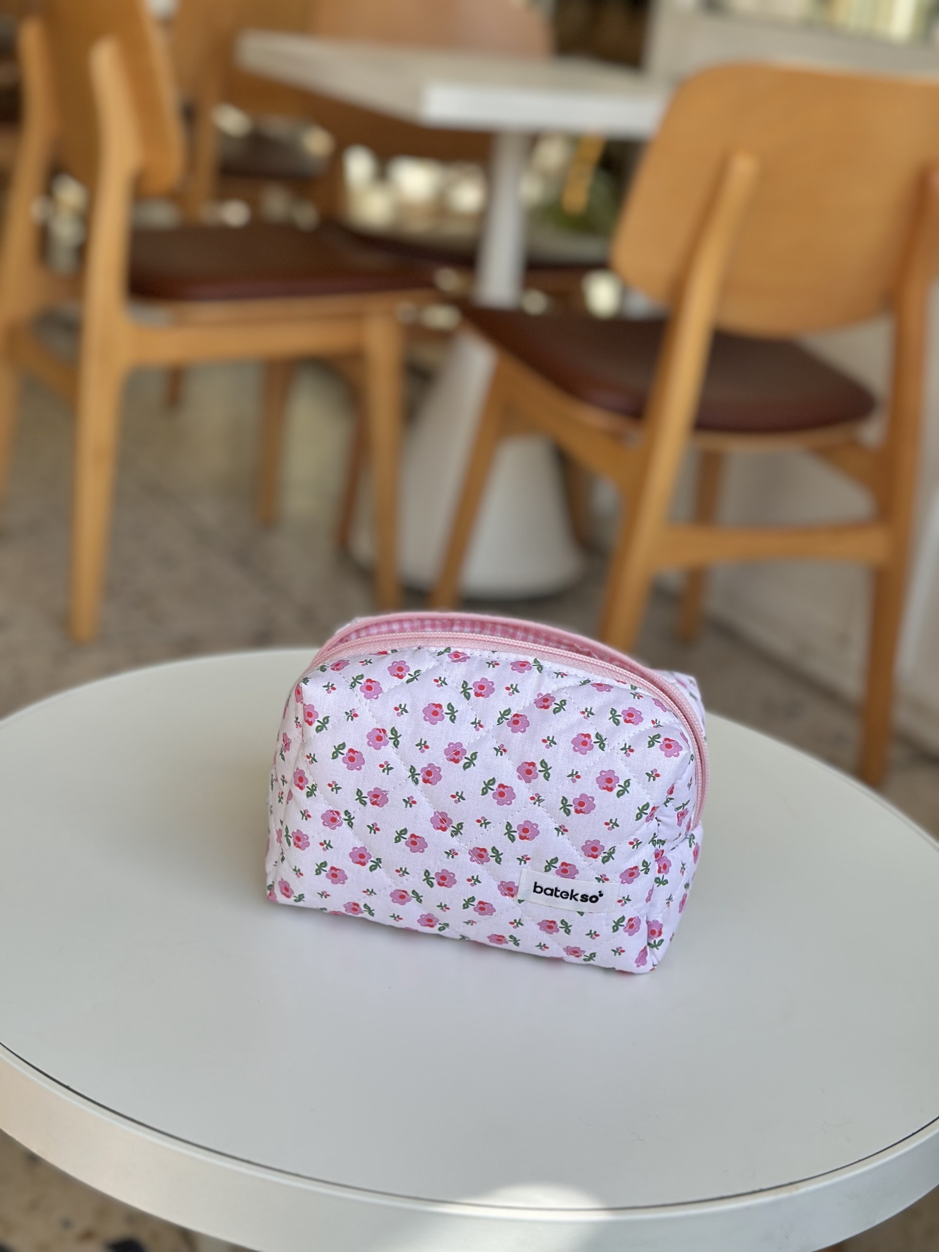 Minik Pembe Çiçek Desenli Makyaj Çantası - Orta Boy