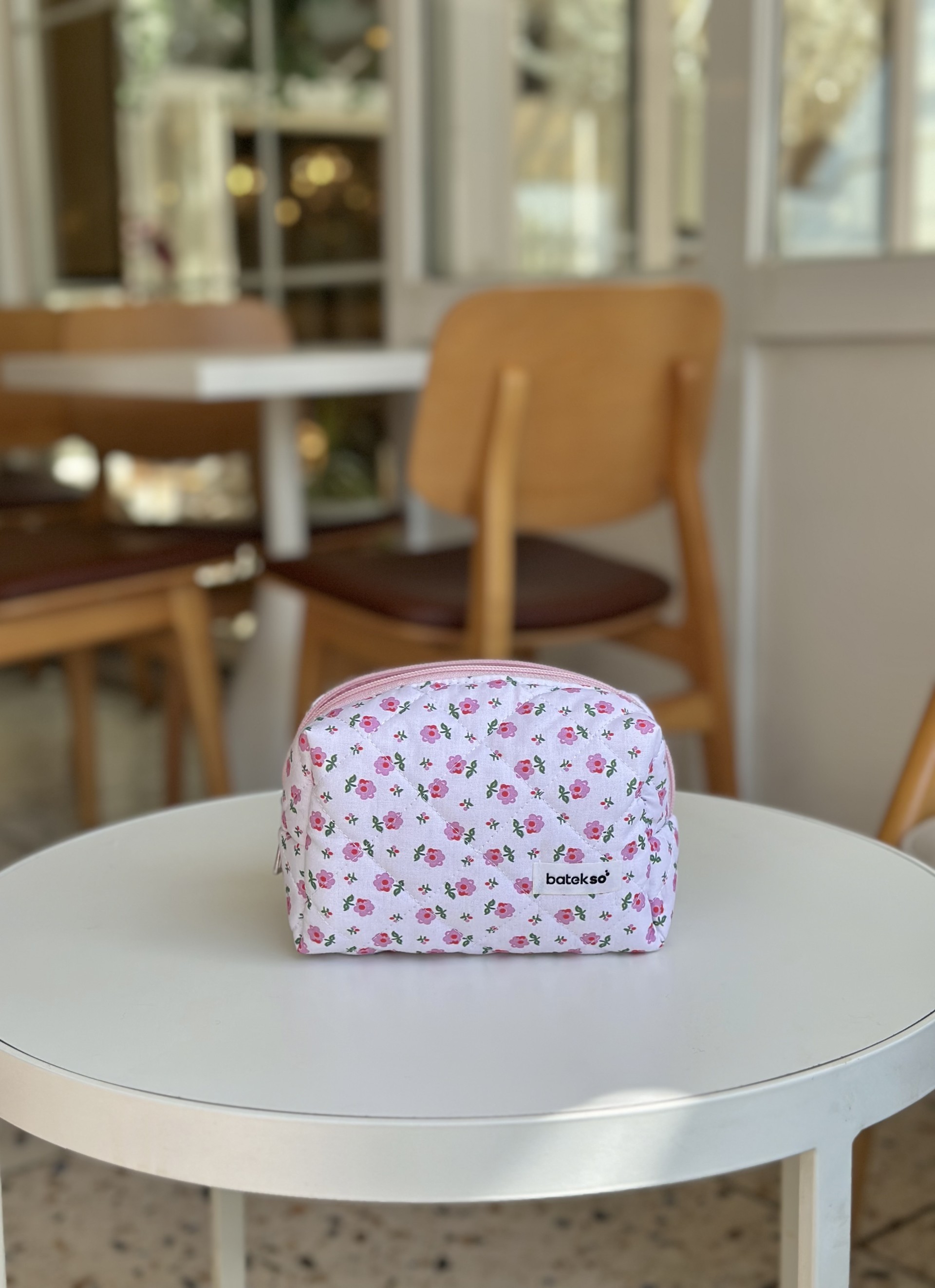 Minik Pembe Çiçek Desenli Makyaj Çantası - Orta Boy