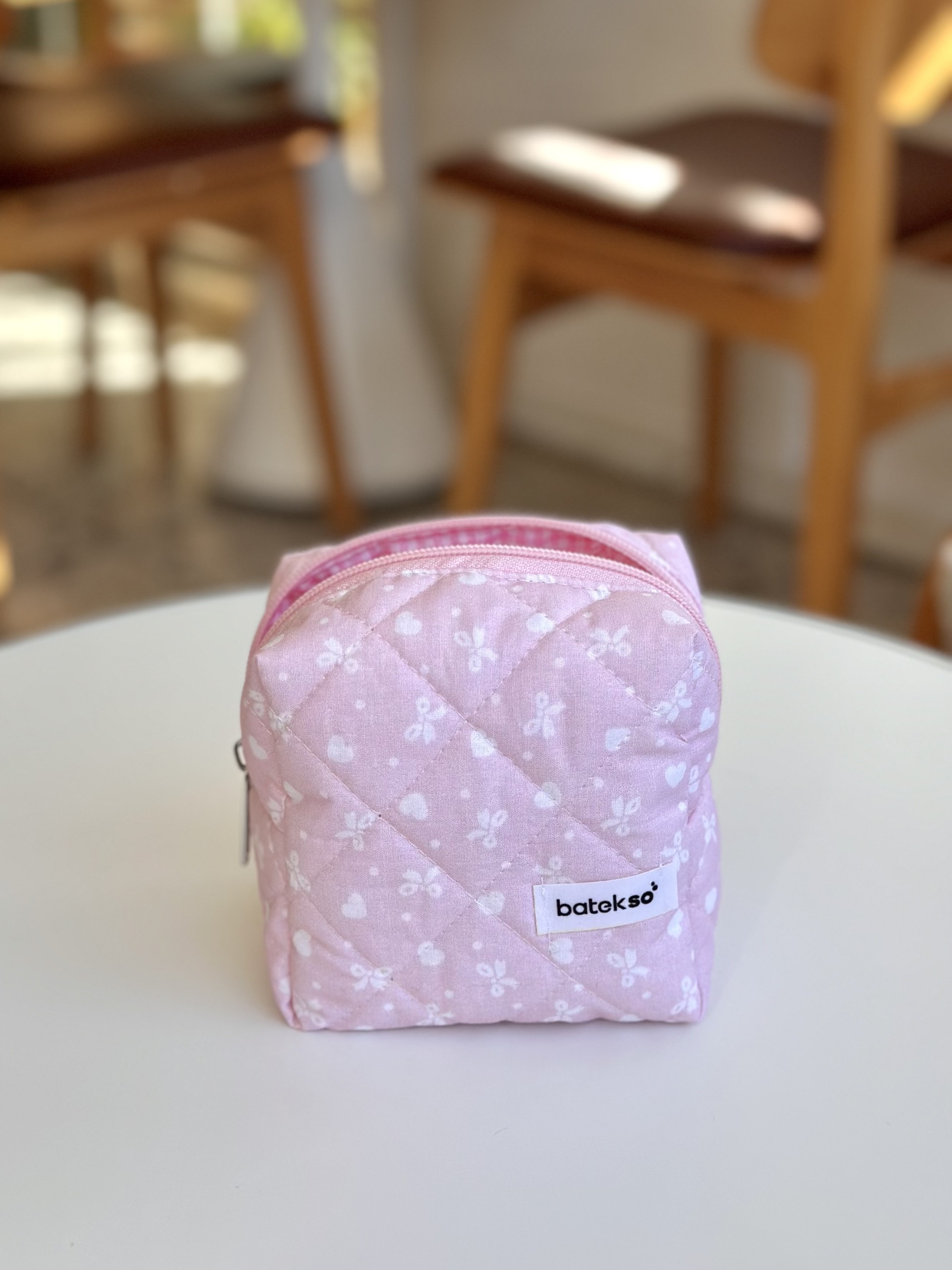 Pembe Kurdele Desenli Makyaj Çantası - Küçük Boy