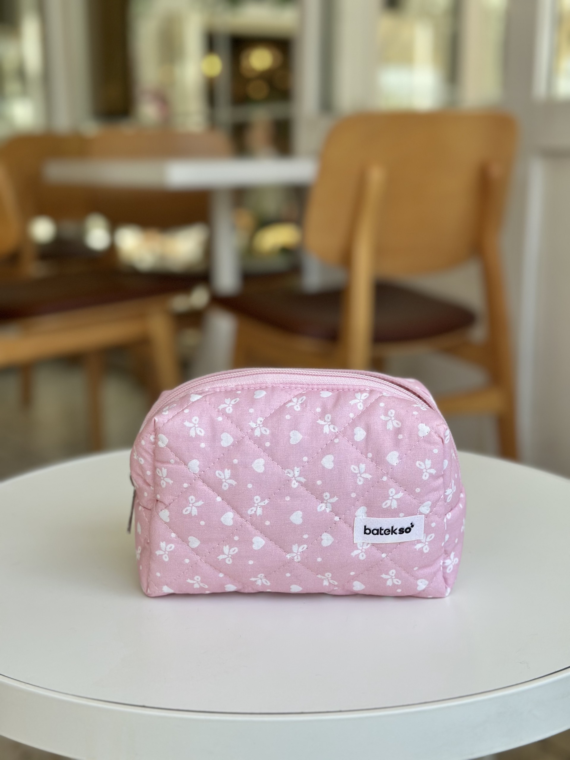 Pembe Kurdele Desenli Makyaj Çantası - Orta Boy
