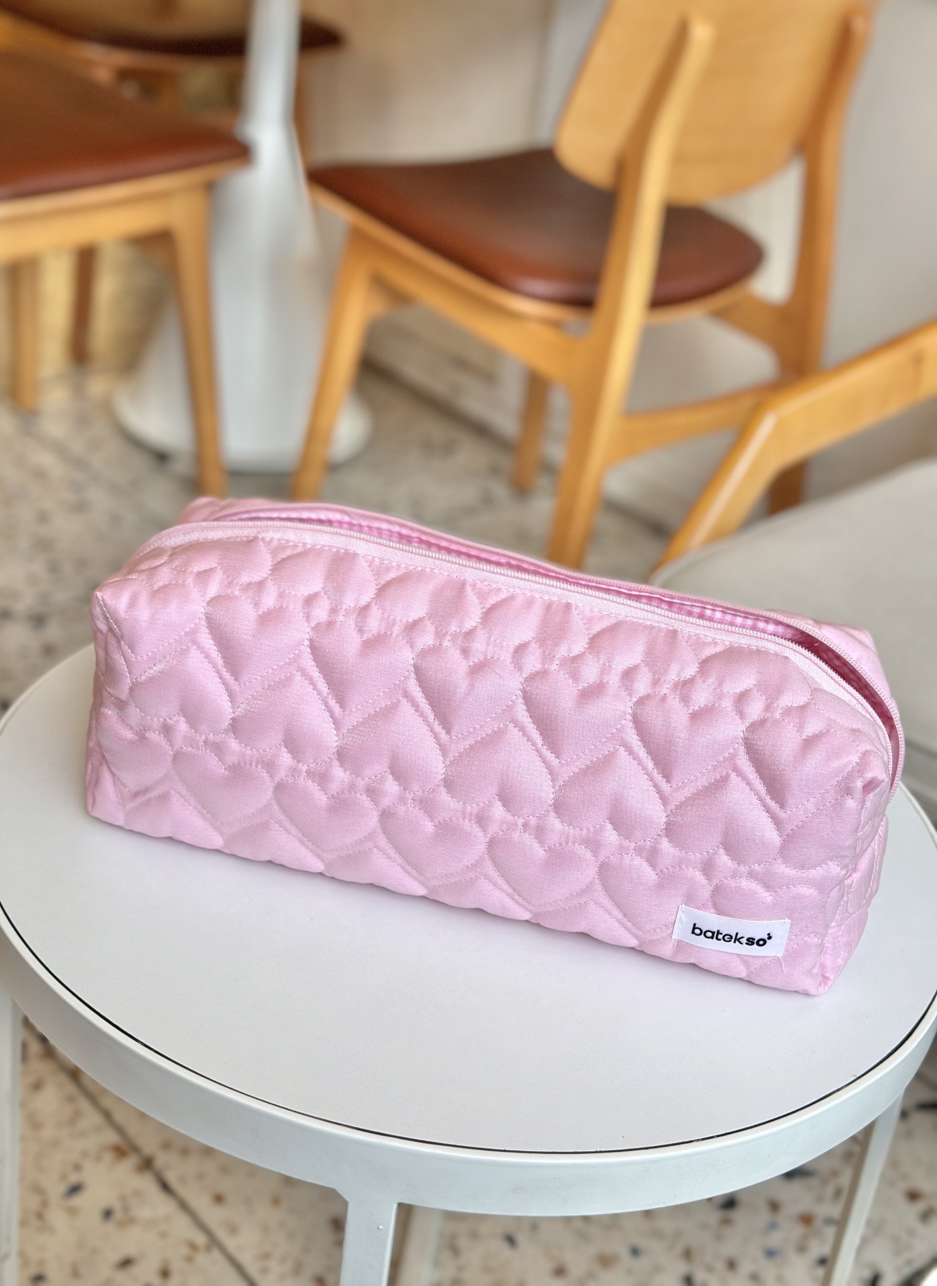 Şeker Pembe Kalp Desenli Saç Şekillendiricileri İçin Seyahat Çantası - XL Boy