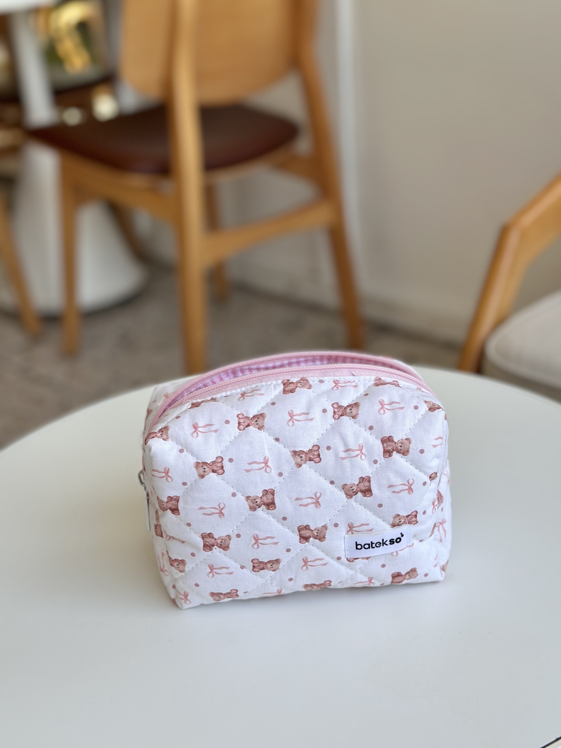 Pembe Ayıcık Desenli Makyaj Çantası - Orta Boy