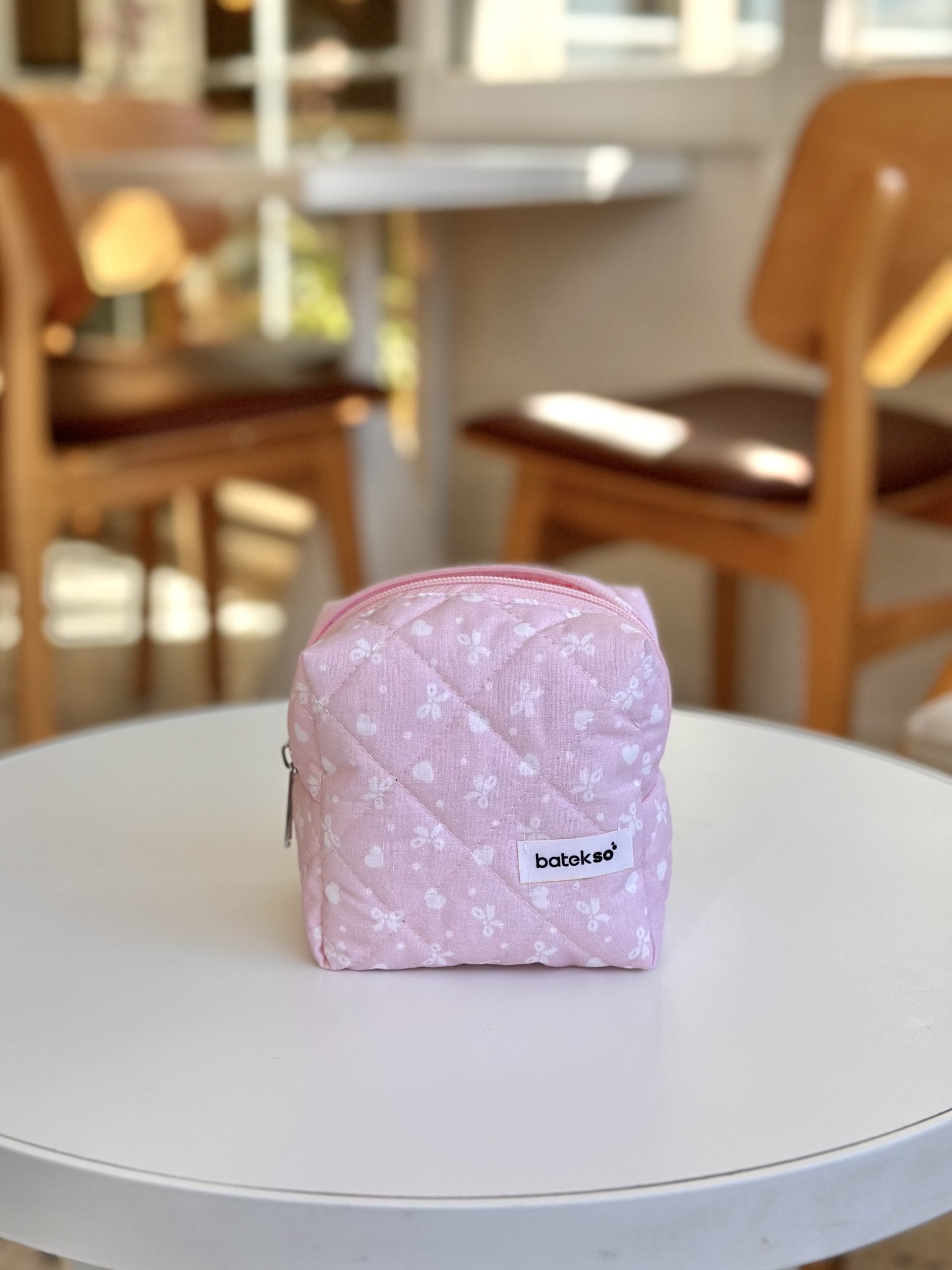 Pembe Kurdele Desenli Makyaj Çantası - Küçük Boy