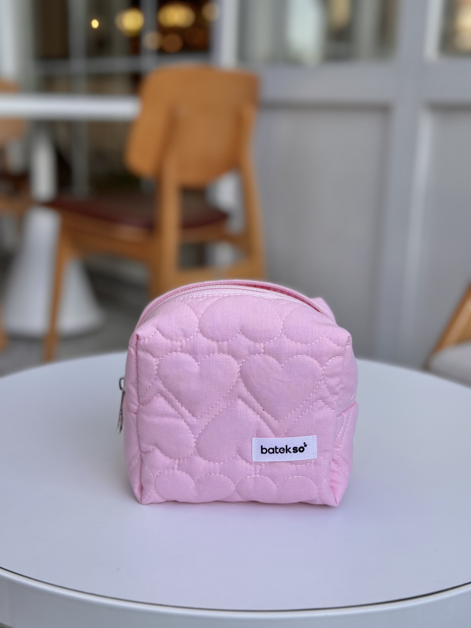 Şeker Pembe Kalp Desenli Makyaj Çantası - Küçük Boy