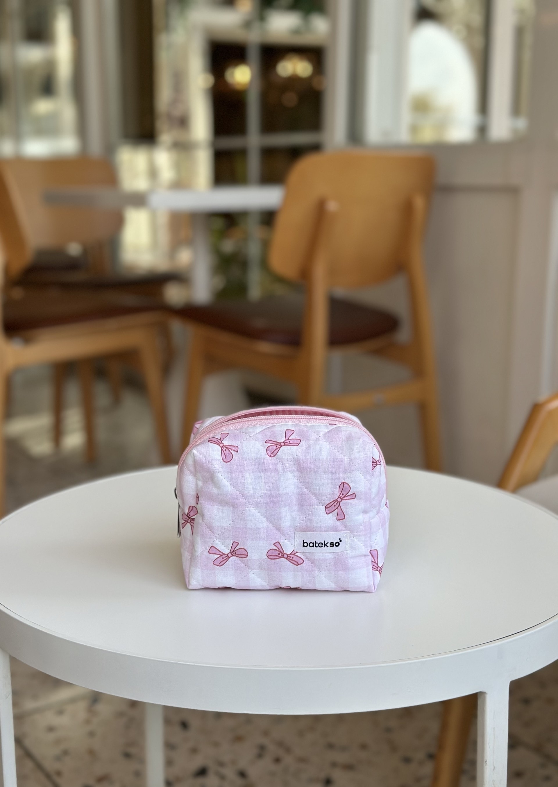  Pembe Pötikare Kurdele  Desenli Makyaj Çantası - Küçük Boy