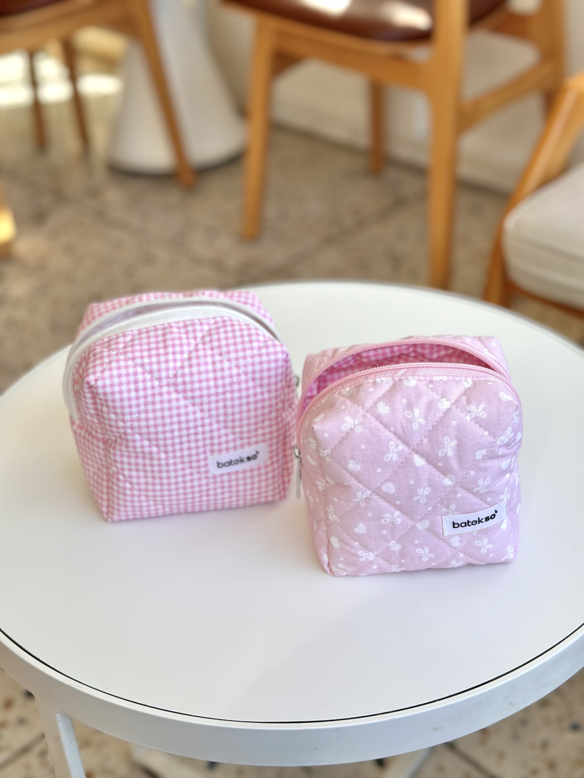 2'li Pembe Kurdele Ve Pembe Kare Desenli Makyaj Çantası - Küçük Boy
