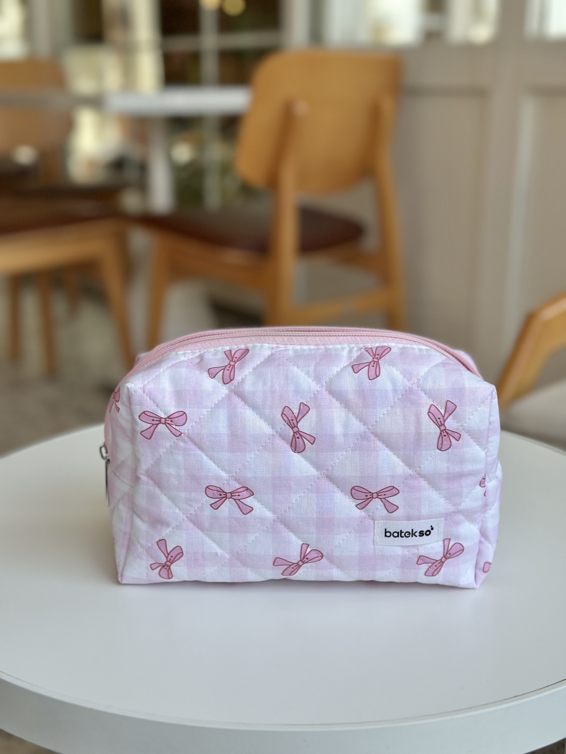Pembe Pötikare Kurdele Desenli Makyaj Çantası - Büyük Boy