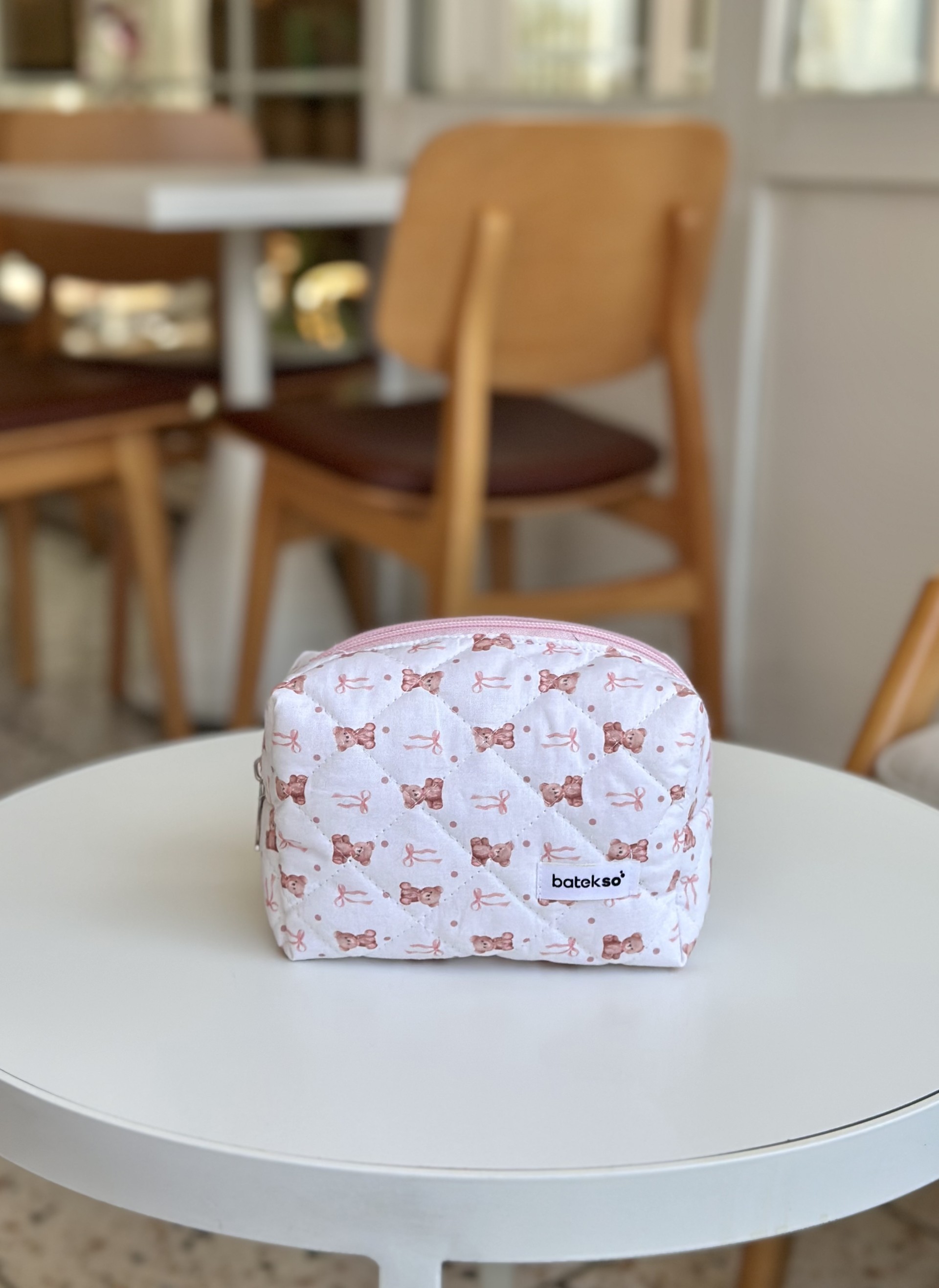 Pembe Ayıcık Desenli Makyaj Çantası - Orta Boy