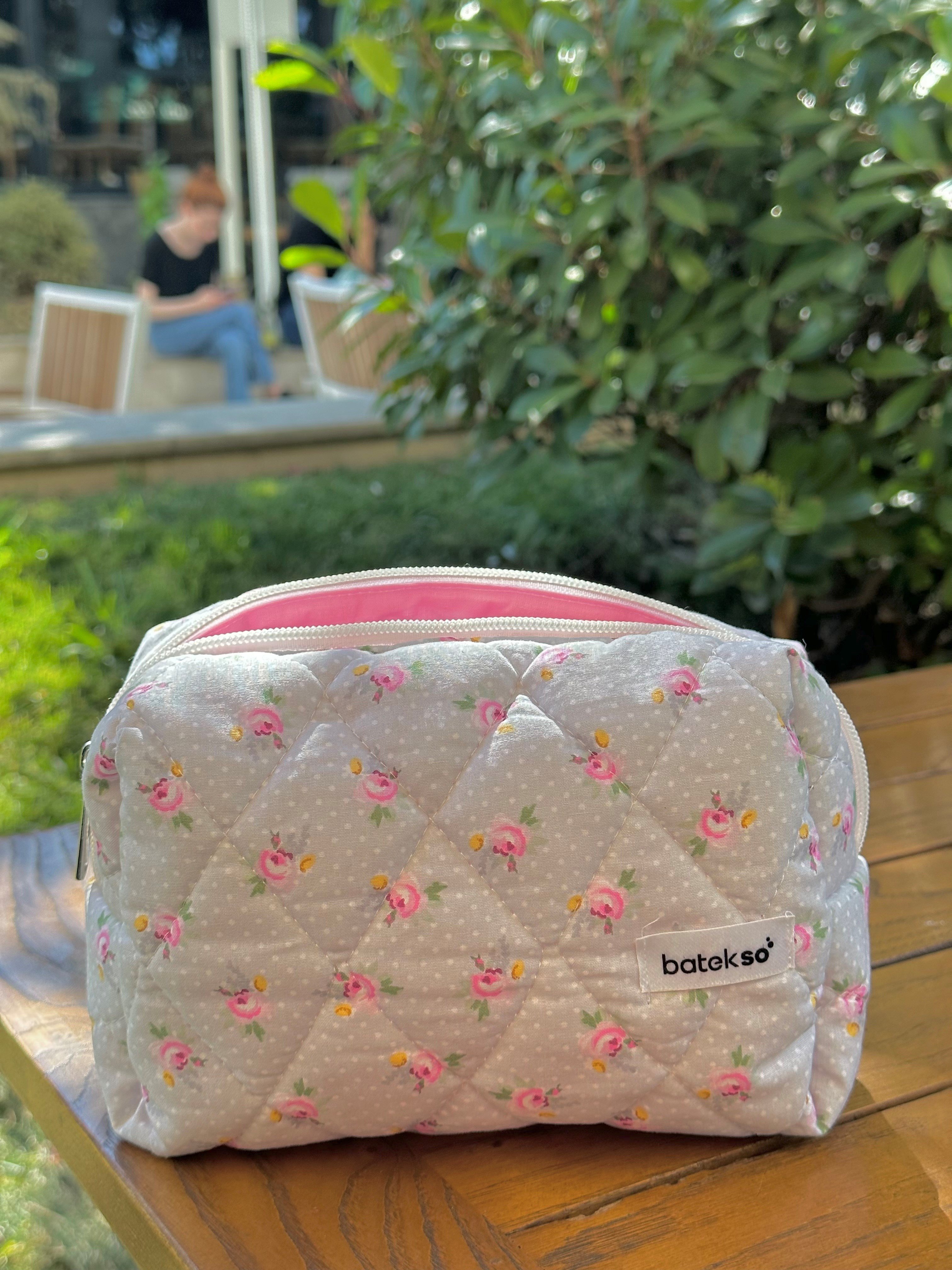 Mini Gri Gül Desenli Makyaj Çantası - Büyük Boy