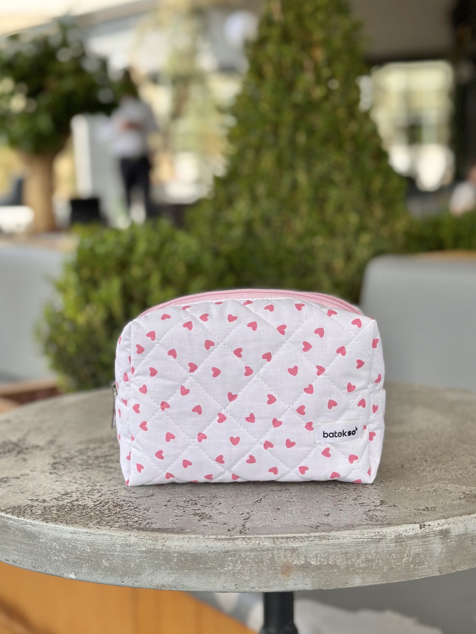 Pembe Kalp Desenli Makyaj Çantası - Büyük Boy
