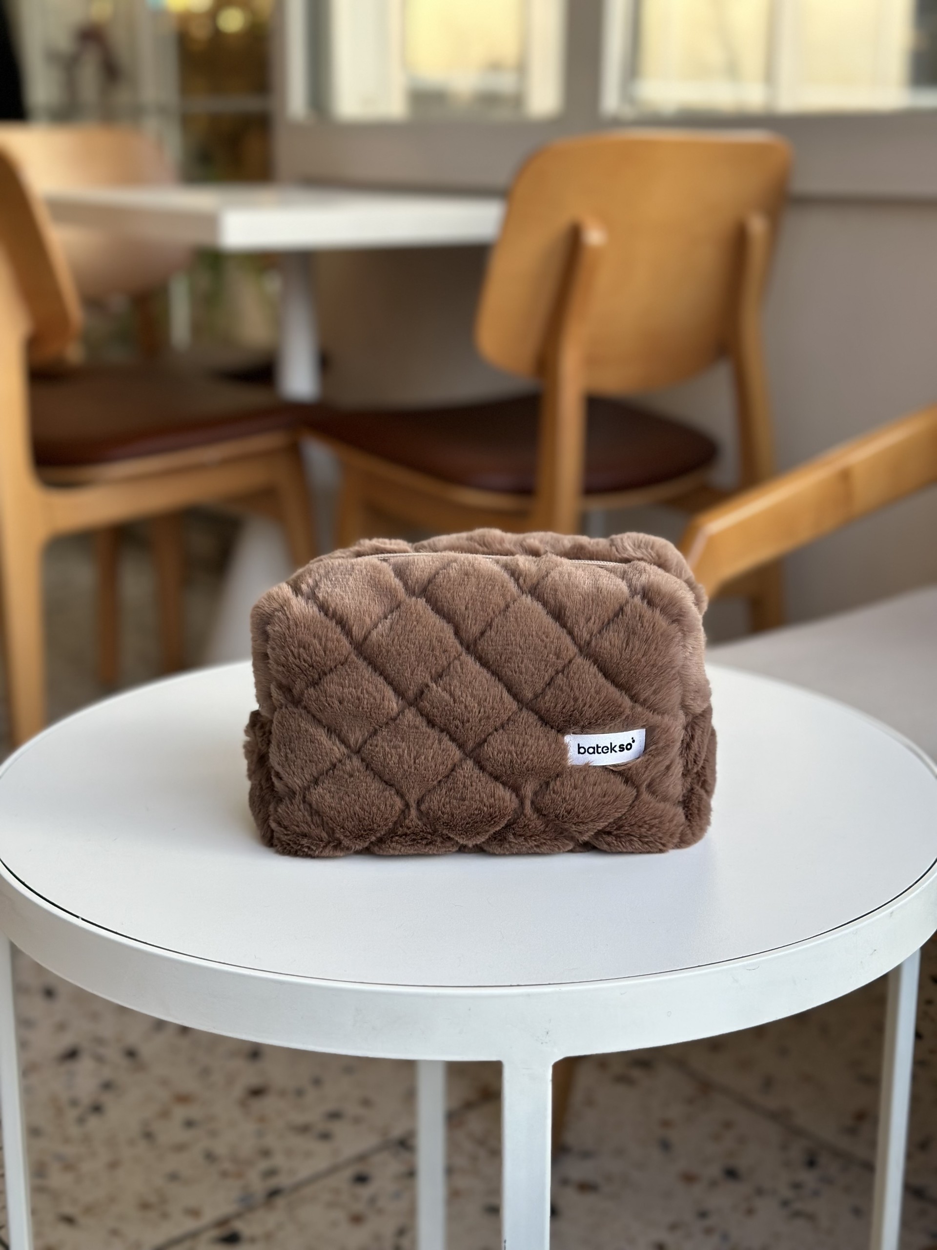 Acı Kahve Peluş Desenli Makyaj Çantası - Büyük Boy