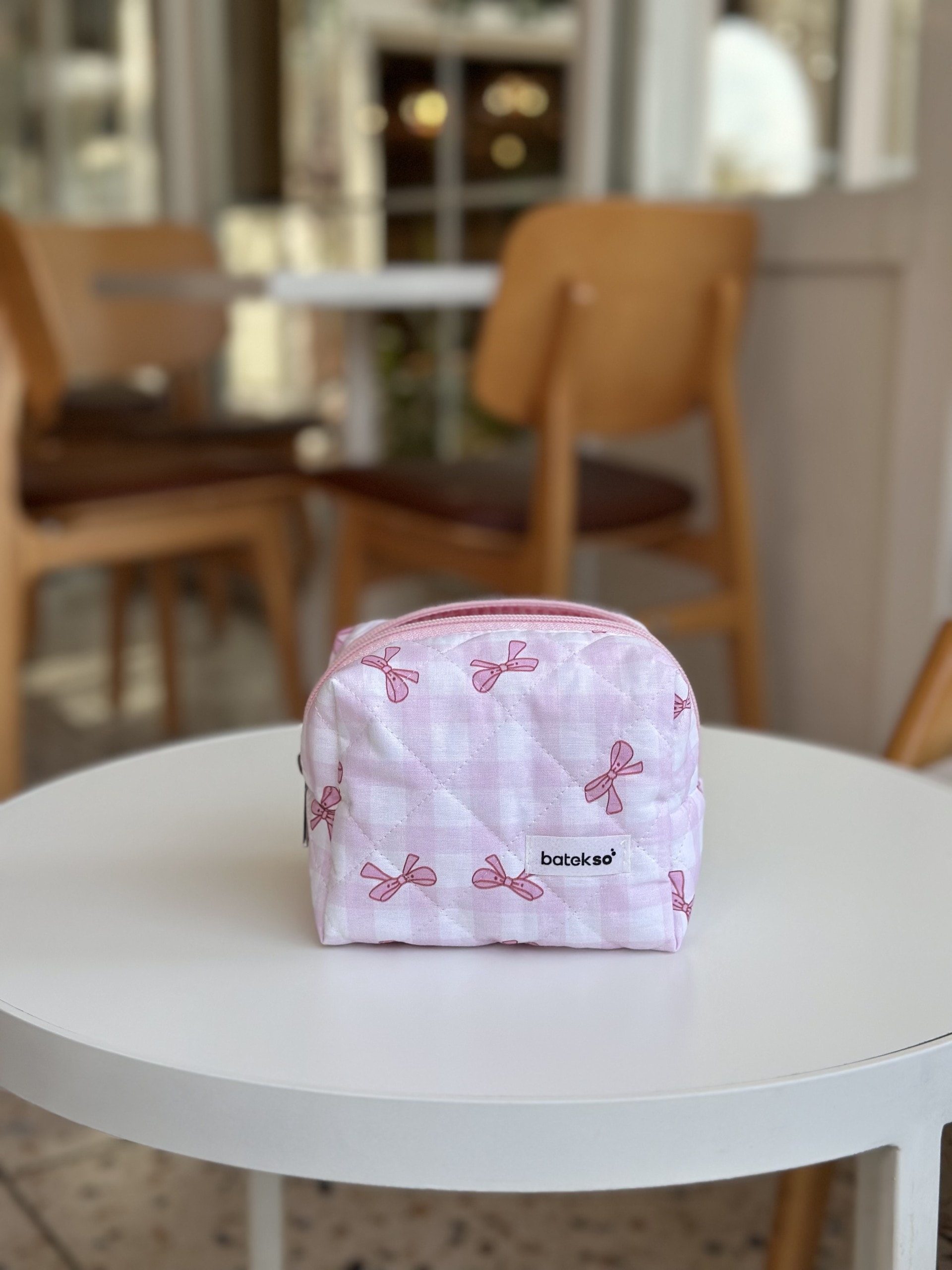  Pembe Pötikare Kurdele  Desenli Makyaj Çantası - Küçük Boy