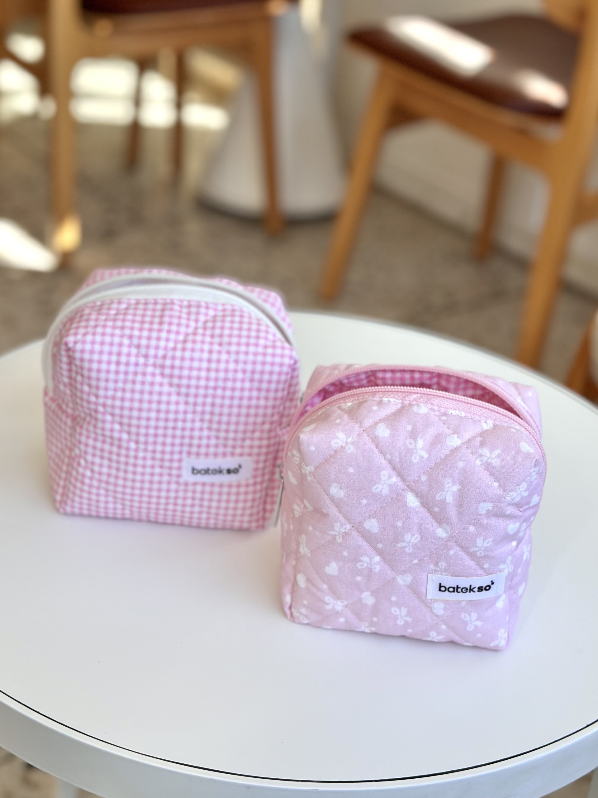 2'li Pembe Kurdele Ve Pembe Kare Desenli Makyaj Çantası - Küçük Boy