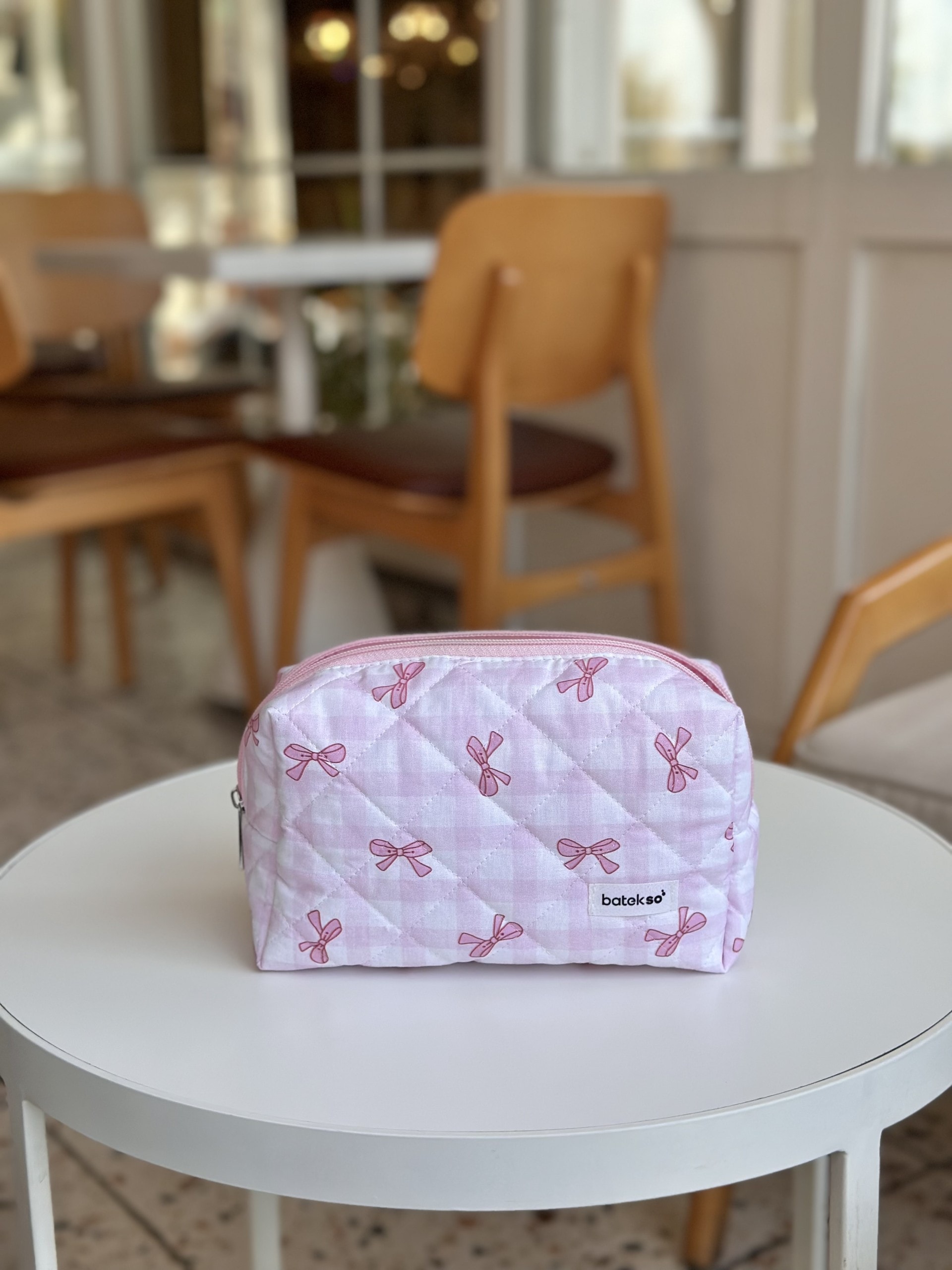 Pembe Pötikare Kurdele Desenli Makyaj Çantası - Büyük Boy
