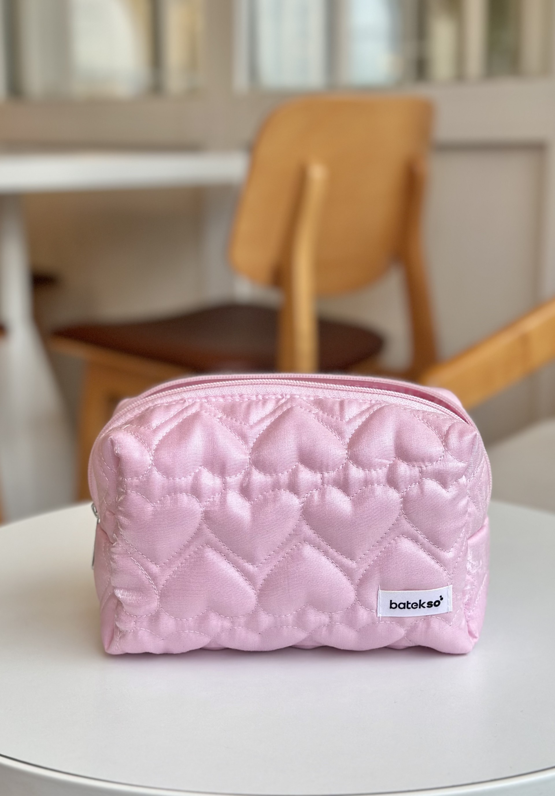 Şeker Pembe Kalp Desenli Makyaj Çantası - Büyük Boy