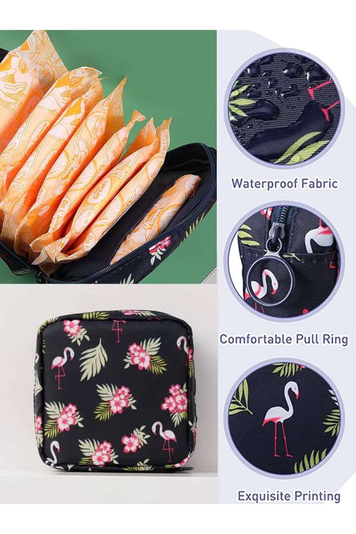 Lacivert Flamingo Desenli Kare Makyaj Çantası - Küçük Boy