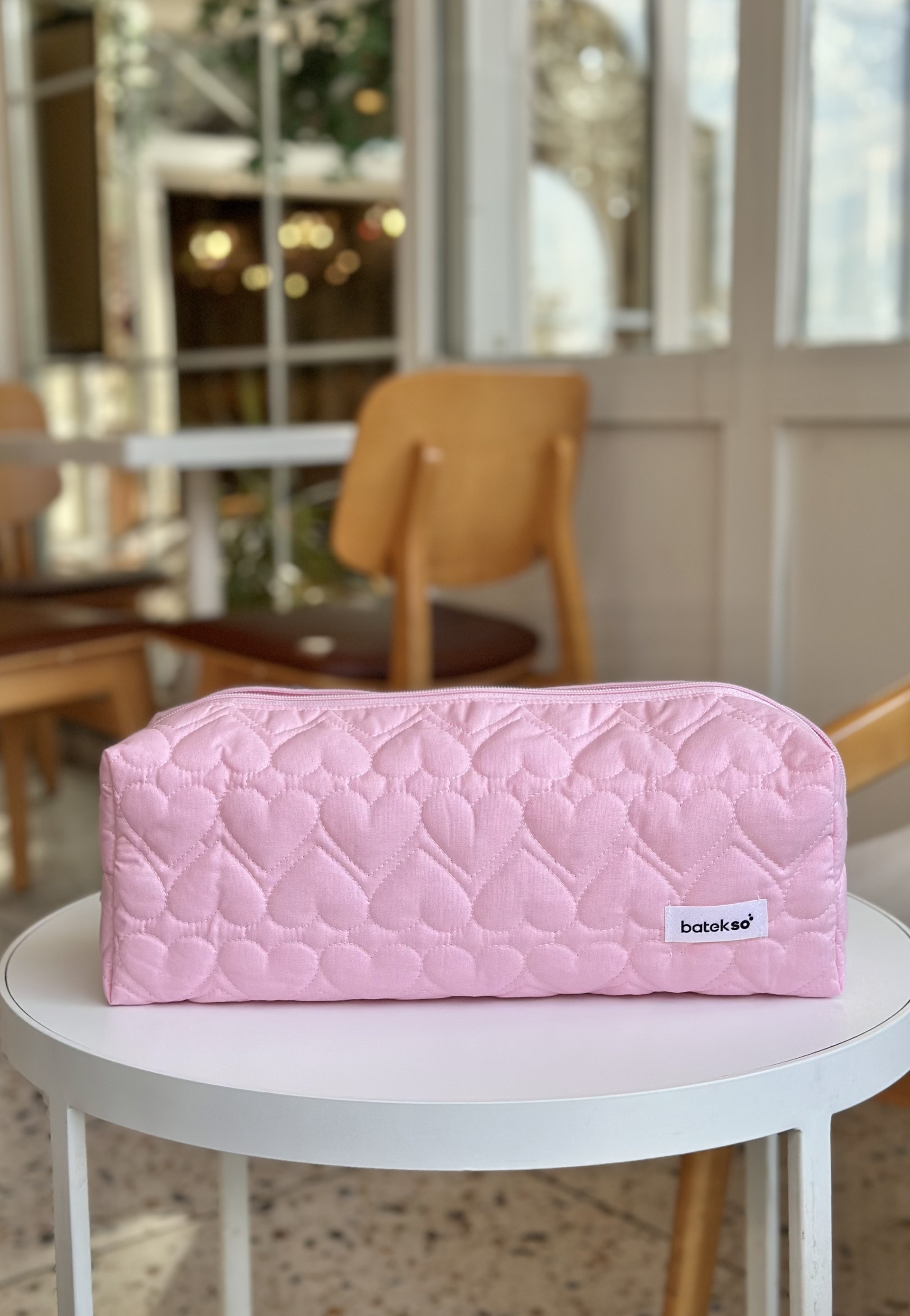 İşlemeli Pembe Kalp Desenli Saç Şekillendiricileri İçin Seyahat Çantası - XL Boy
