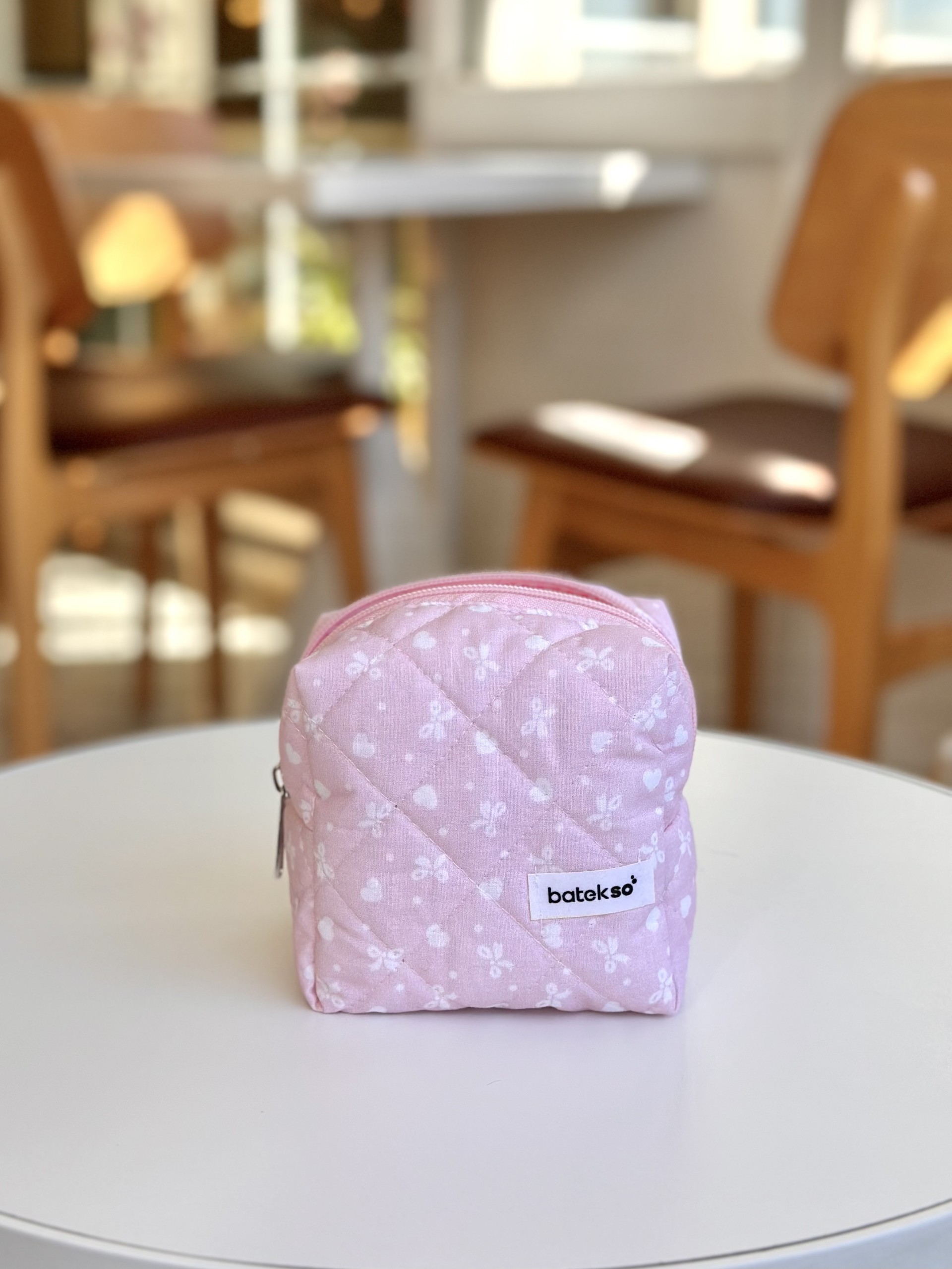 Pembe Kurdele Desenli Makyaj Çantası - Küçük Boy