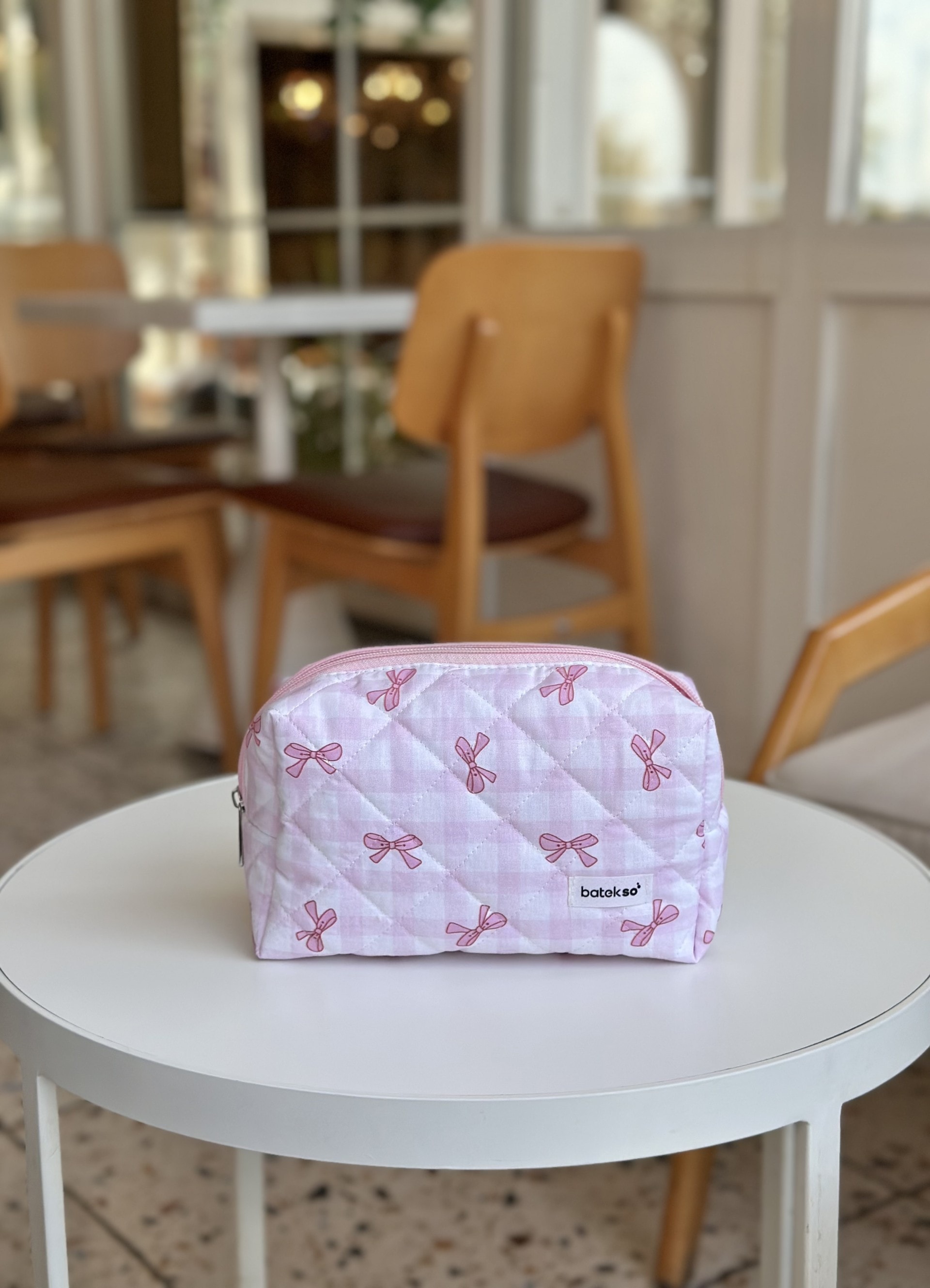Pembe Pötikare Kurdele Desenli Makyaj Çantası - Büyük Boy