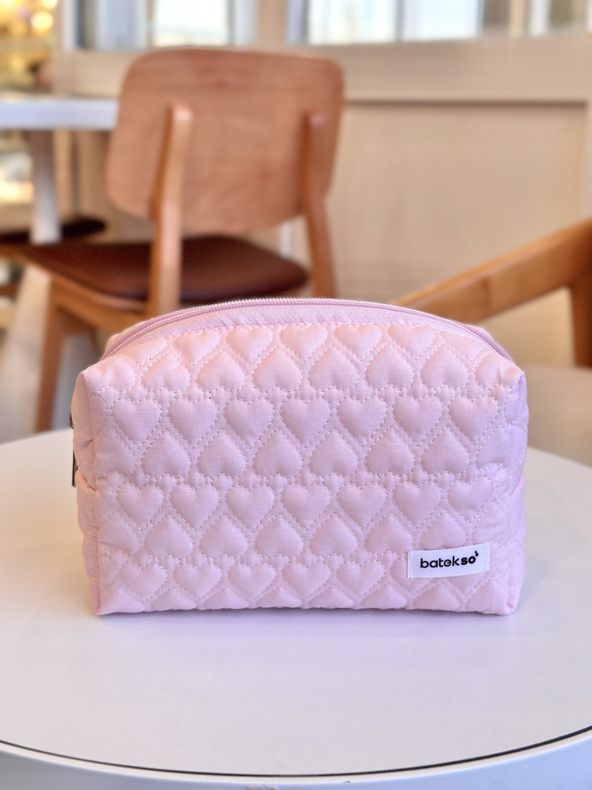 Soft Pembe Kalp İşlemeli Makyaj Çantası - Büyük Boy