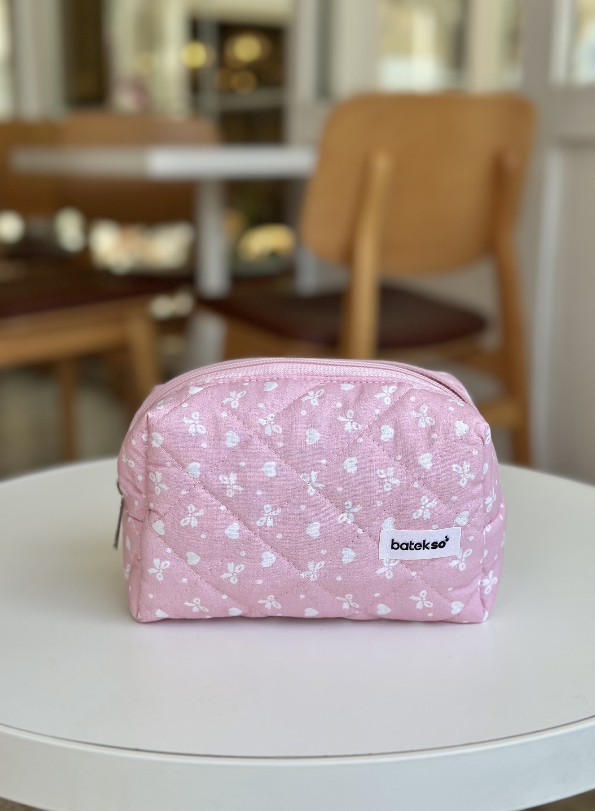 Pembe Kurdele Desenli Makyaj Çantası - Orta Boy