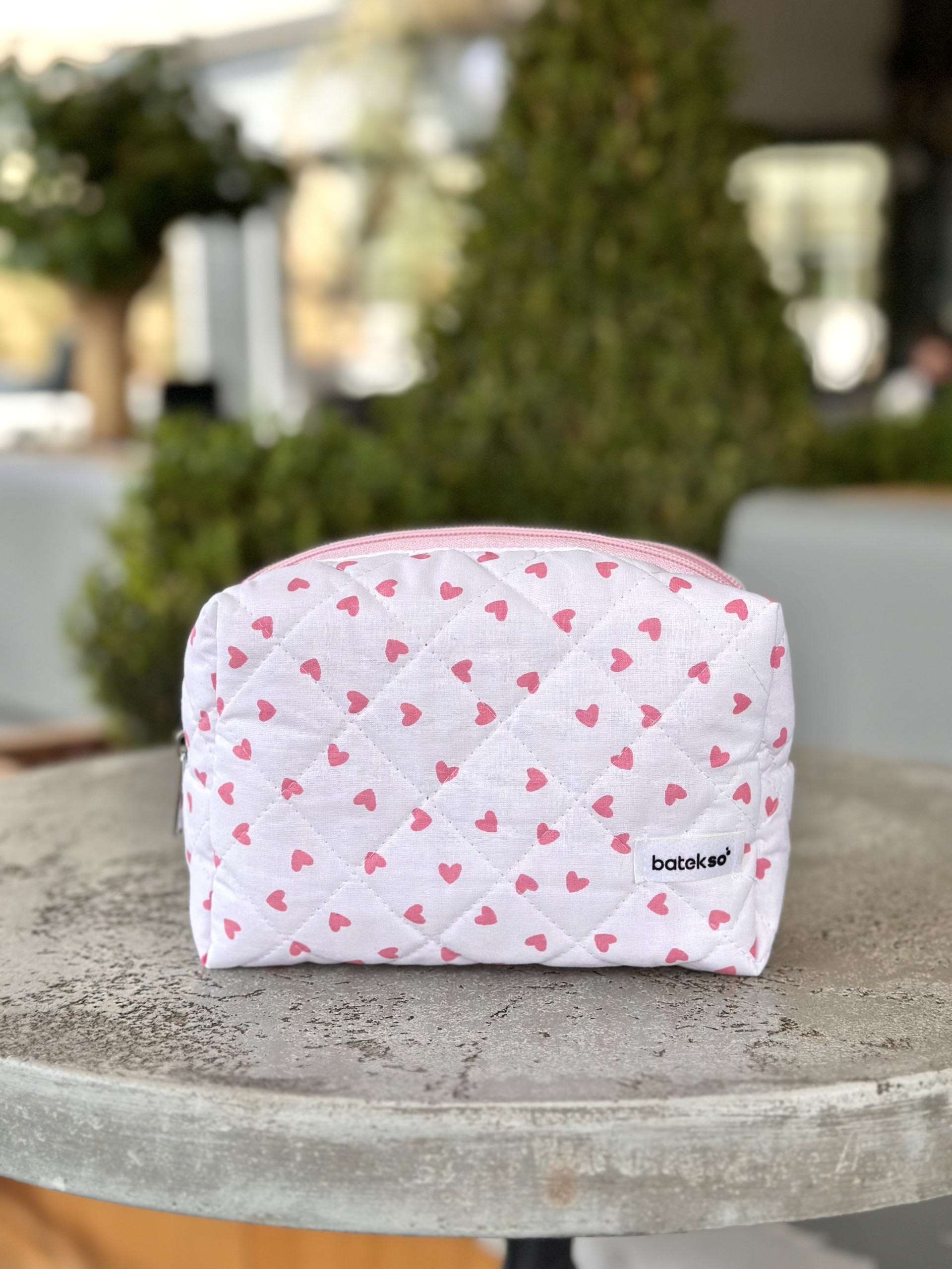 Pembe Kalp Desenli Makyaj Çantası - Büyük Boy